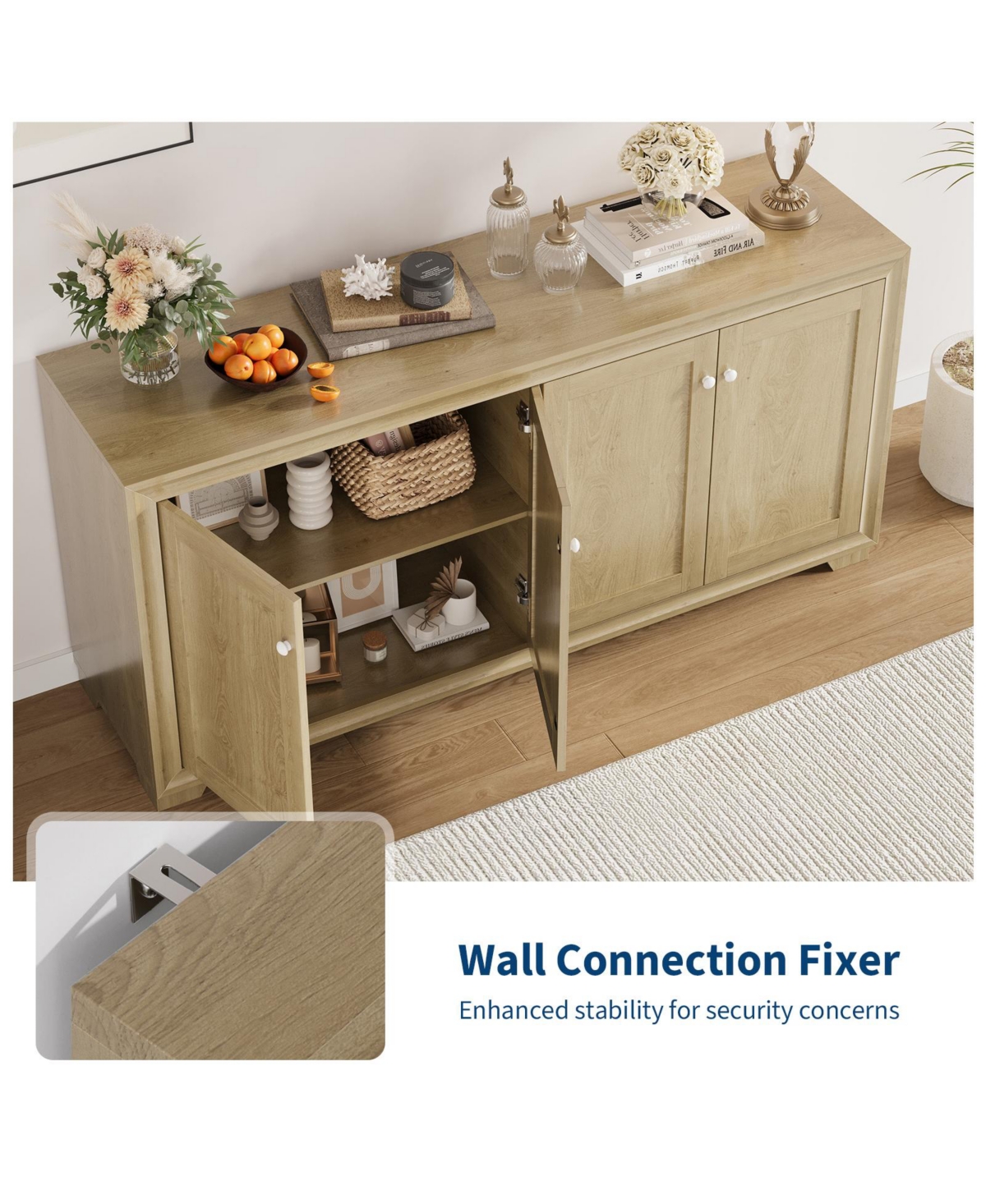 homfan 60" Buffet Cabinet 4-Door Sideboard with Adjustable Shelves, Farmhouse Coffee Bar Console for Living Room and Kitchen