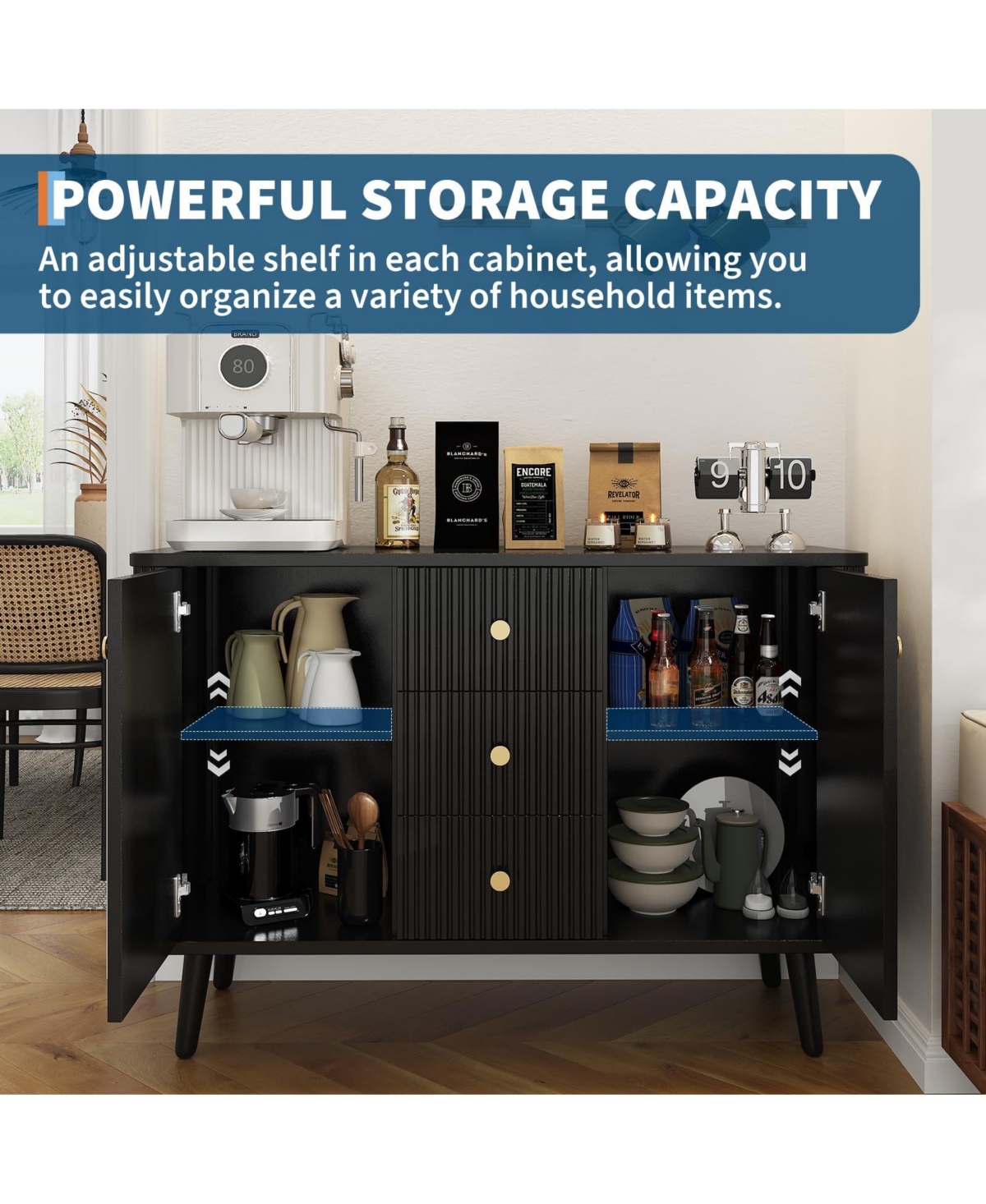 homfan 47.2" Modern Fluted Sideboard Cabinet 2 Doors and 3 Drawers, Slim Coffee Bar Station for Small Apartment and Dining Room