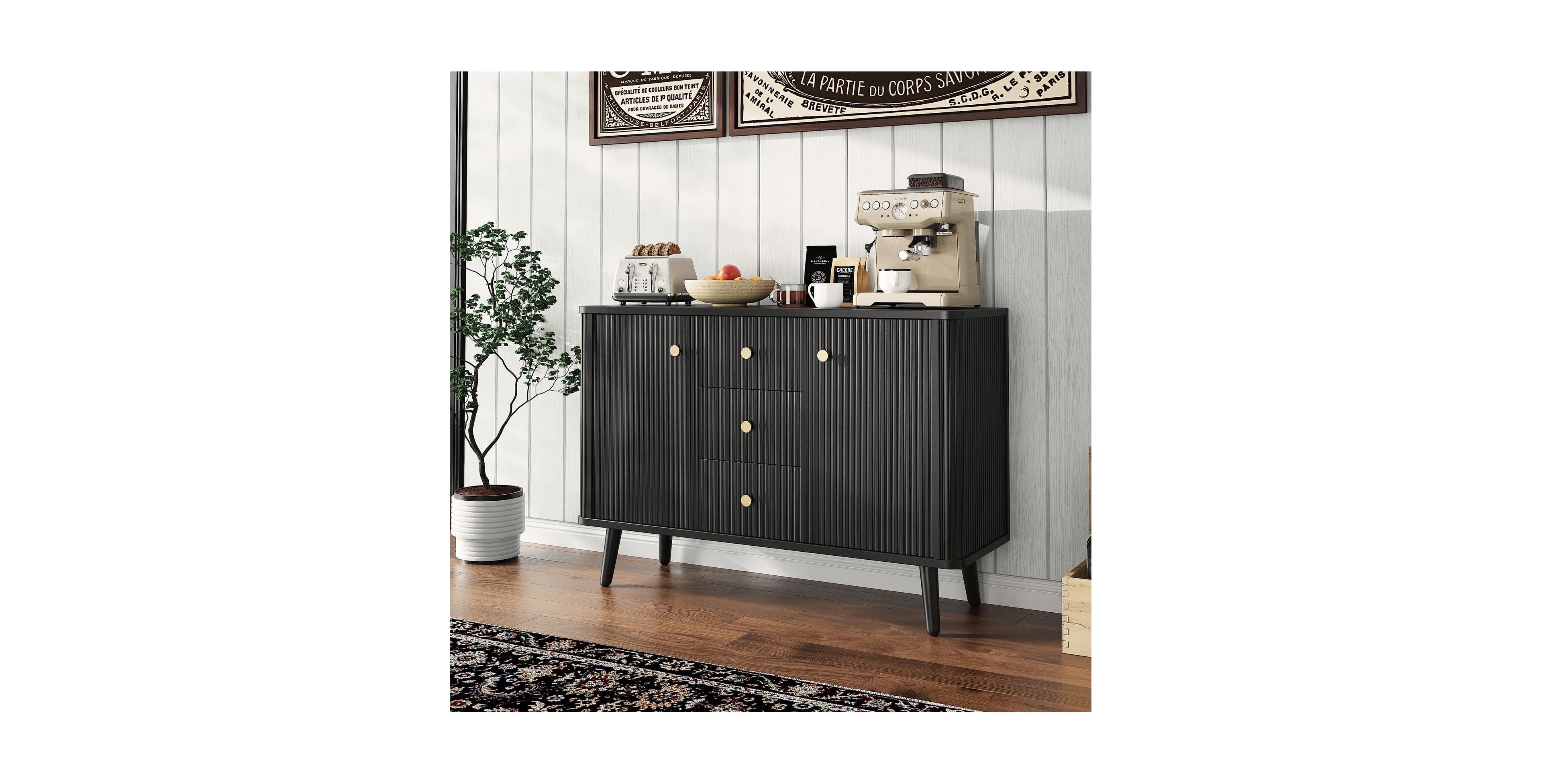 homfan 47.2" Modern Fluted Sideboard Cabinet 2 Doors and 3 Drawers, Slim Coffee Bar Station for Small Apartment and Dining Room