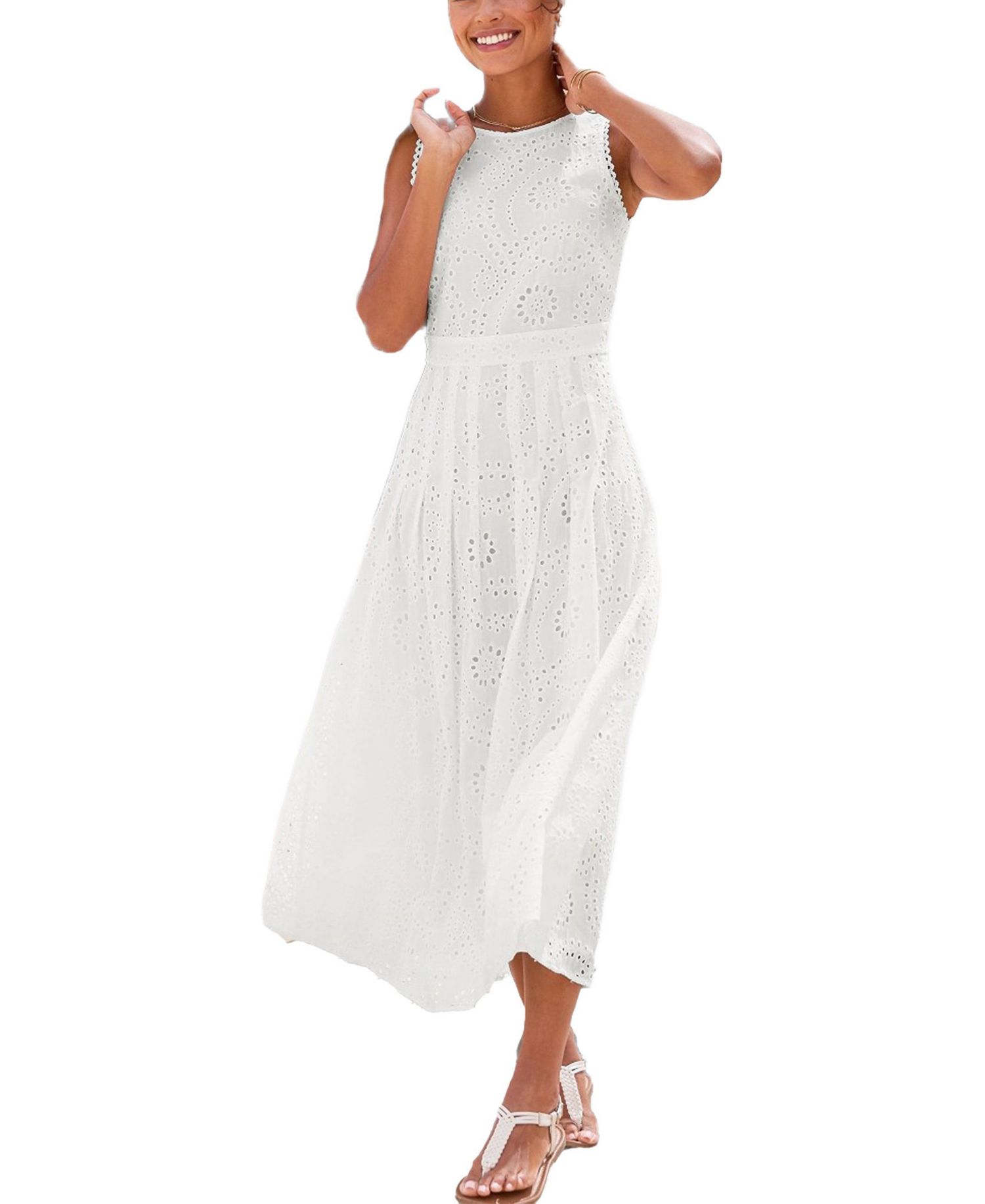 Women's Cotton Sleeveless Eyelet Crochet A-Line Maxi Dress