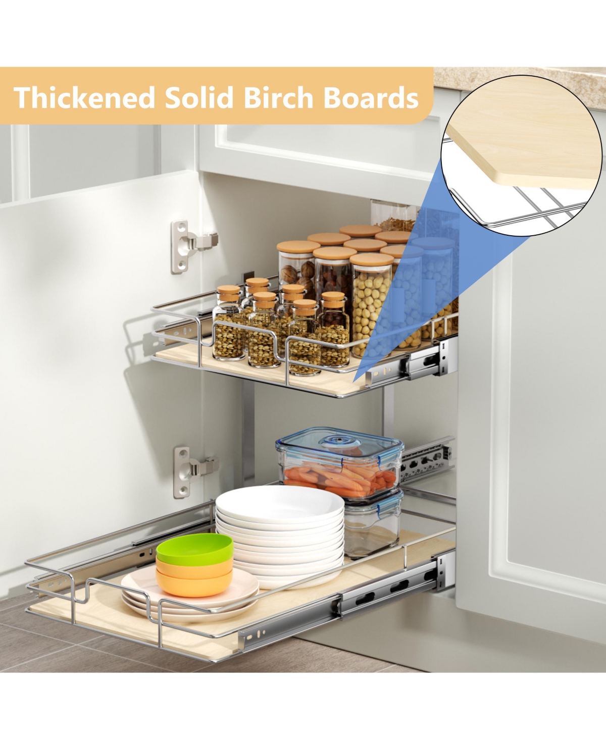 Lovmor 2 Tier Individual Pull Out Cabinet Organizer D Slide Wood Shelves Storage for Kitchen