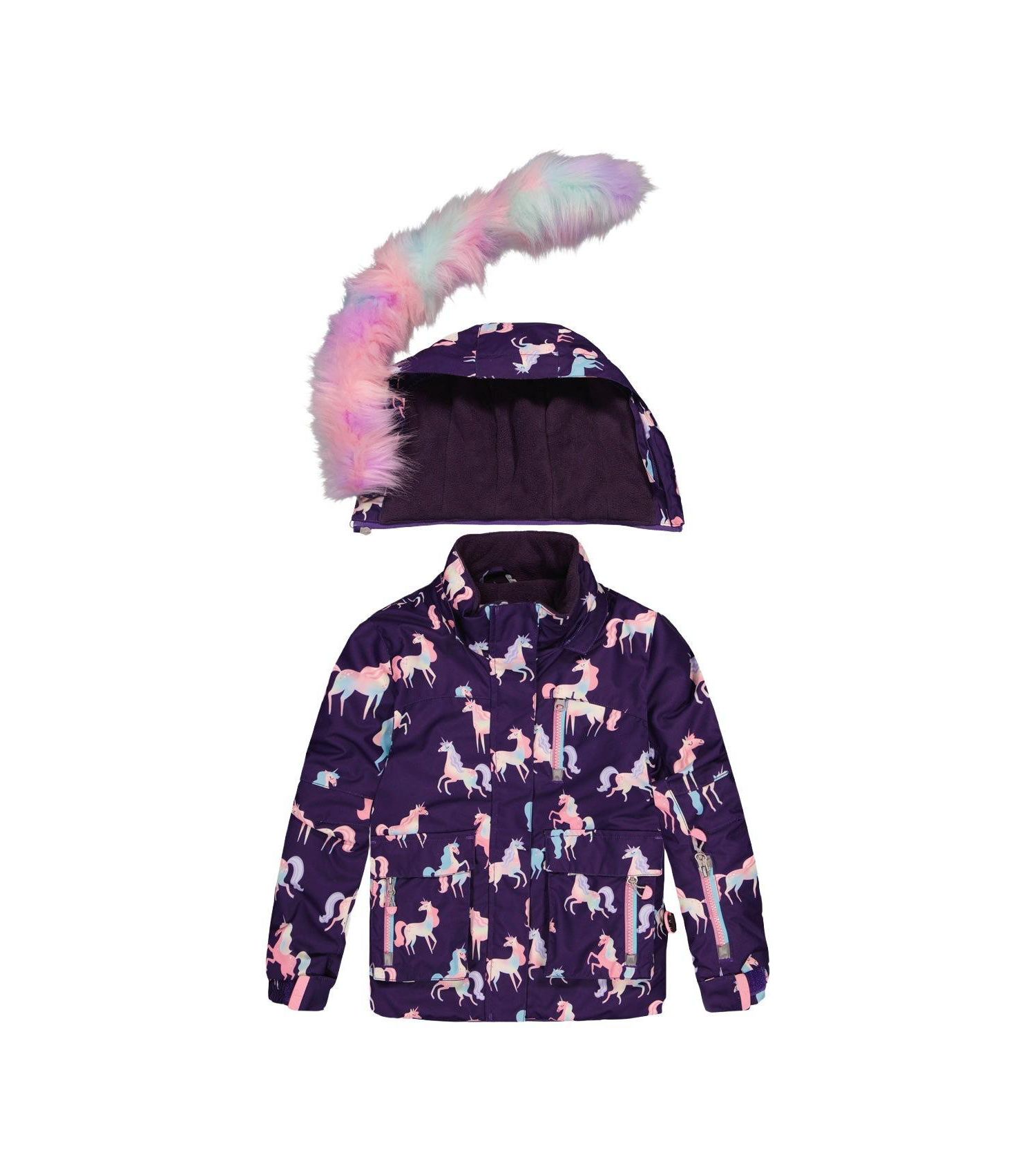 Little and Big Girl 6- 14 Two Piece Play Snowsuit Purple Unicorn Print with Multicolored Pants