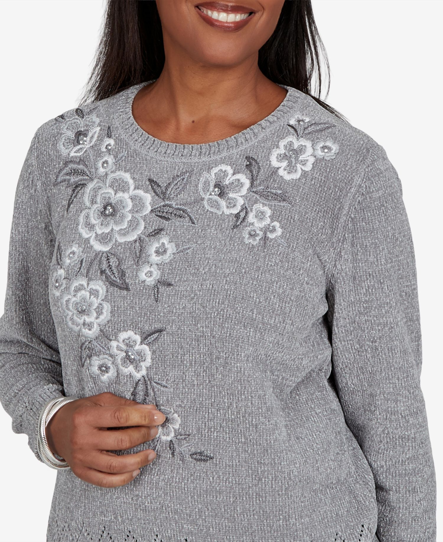 Women's Classic Embroidered Floral Textured Chenille Sweater