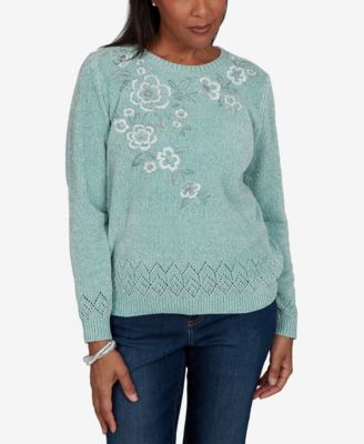 Women's Classic Embroidered Floral Textured Chenille Sweater