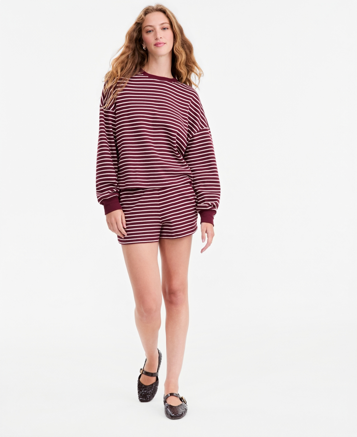 And Now This Women's Stripe Lounge Crew Waffle-Knit Crewneck Pullover Sweater, Macy's Exclusive