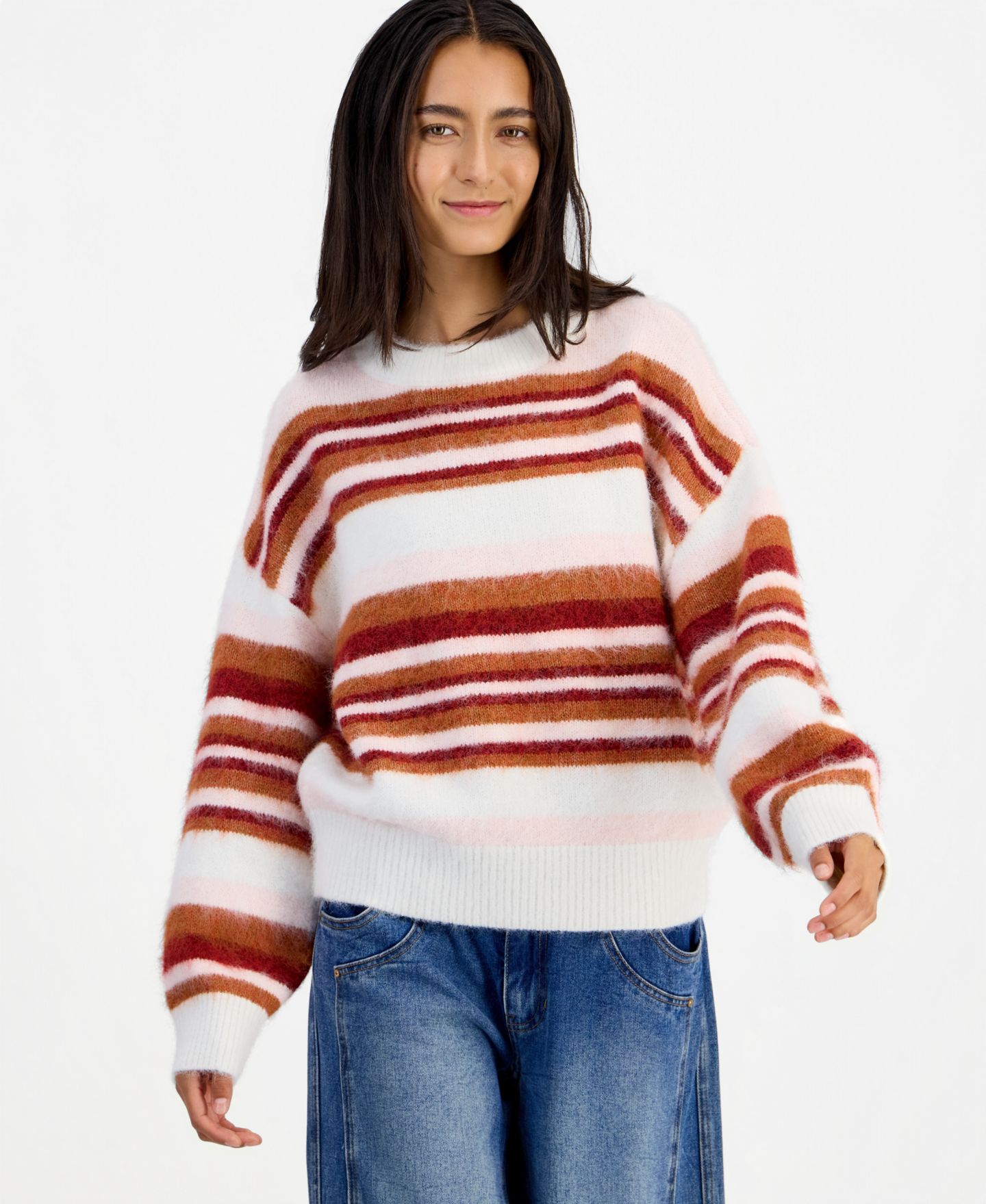 Женский свитер And Now This Stripe Slouchy Crew Brushed, цвет: Розовый разноцветный — фото 1