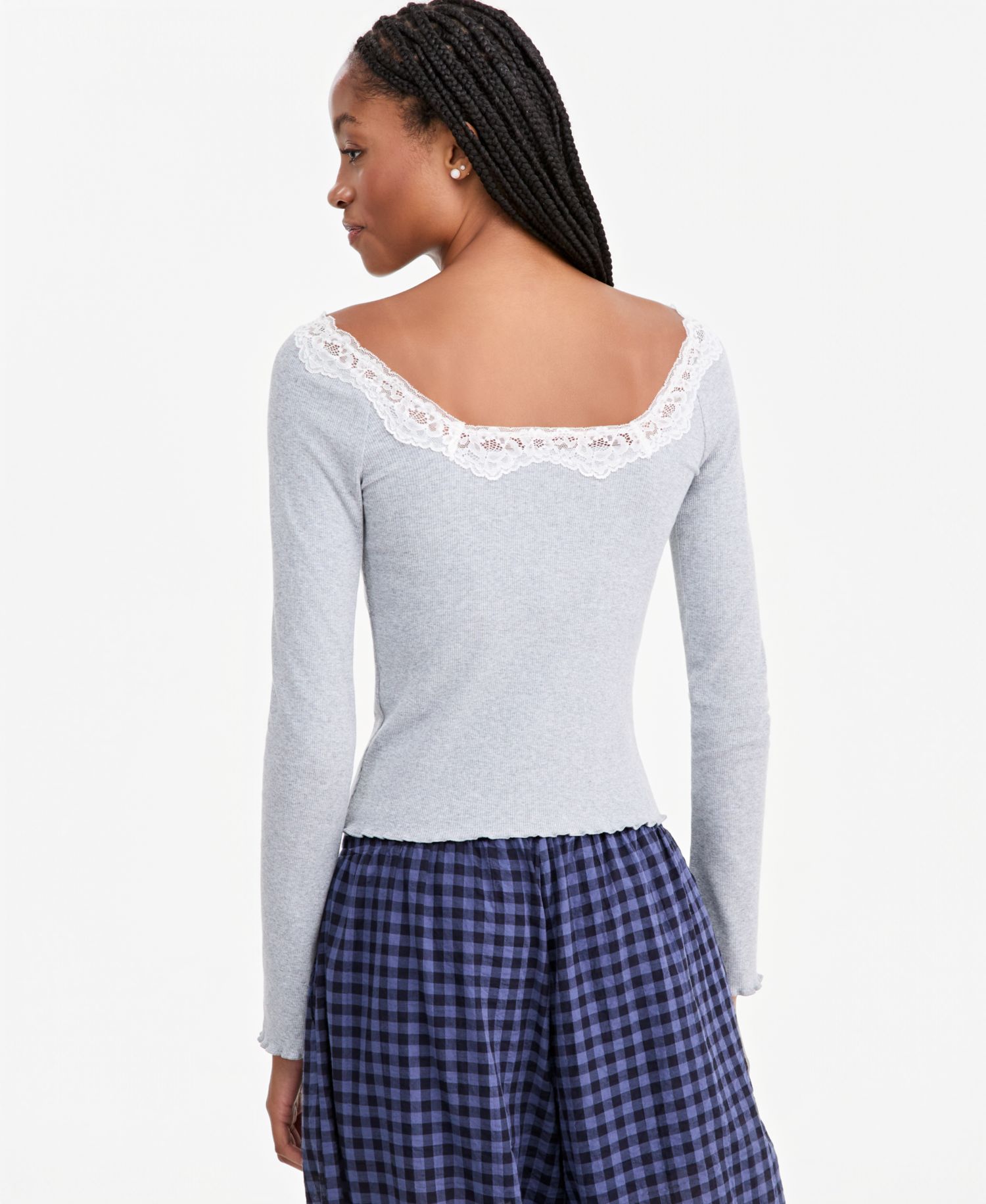 Petite Lace-Trim Scoop-Neck Long-Sleeve Top