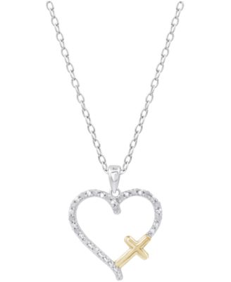 Diamond Heart & Cross 18" Pendant Necklace (1/10 ct. t.w.) in Sterling Silver or Sterling Silver & 14k Gold-Plate