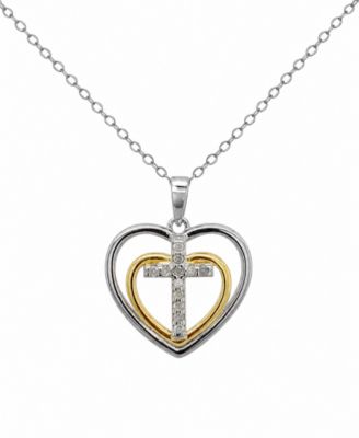 Diamond Double Heart Cross Pendant Necklace (1/10 ct. t.w.) in Sterling Silver & 14k Gold-plated Sterling Silver 