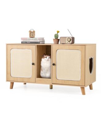 Cat Litter Box Enclosure with Double Rooms and 2 Sisal Scratching Mats