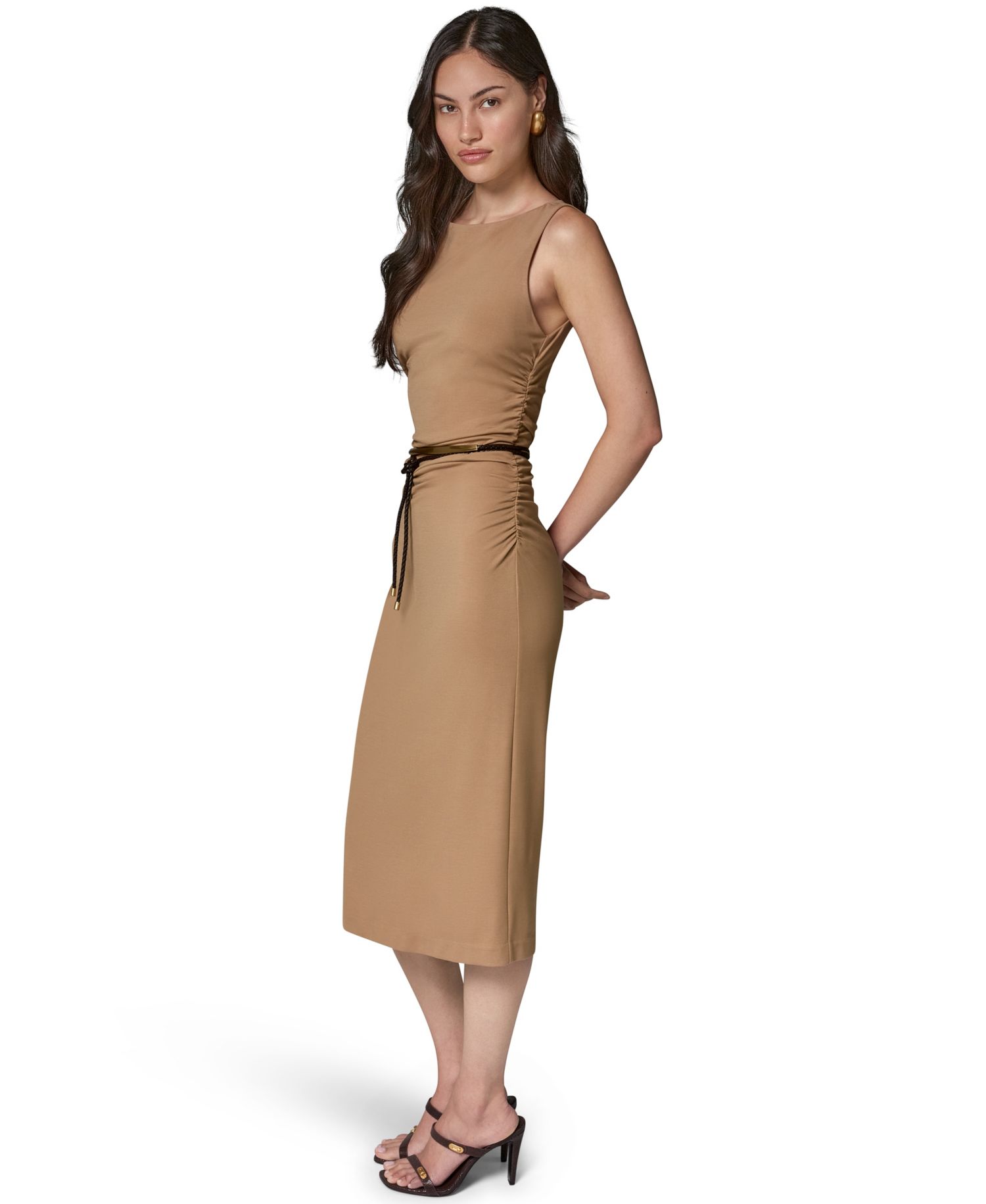Sleeveless Boat Neck Ponte Belted Midi Sheath Dress