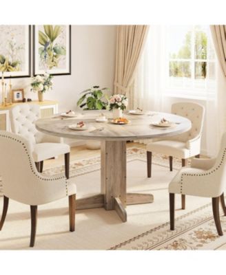 47" Round Farmhouse Dining Table for 4-6,   Wood with Sturdy Pedestal Base for Kitchen or Apartment