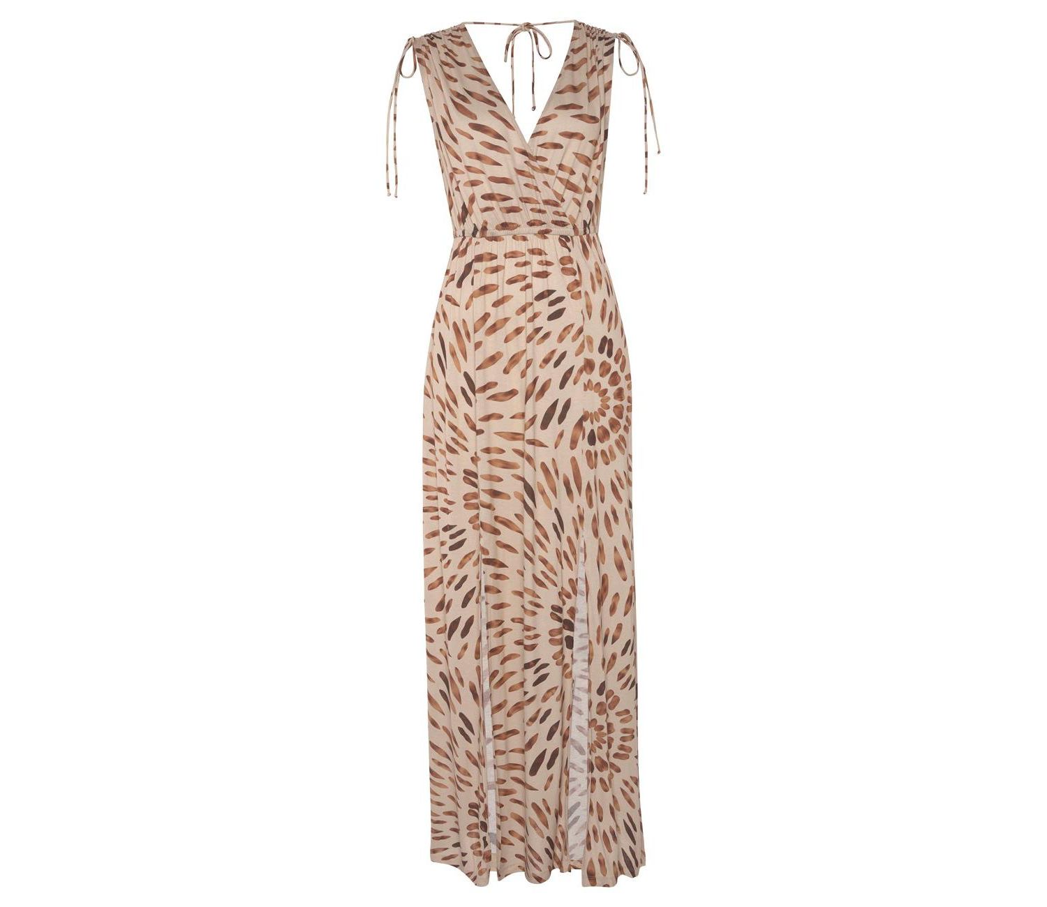 Women's Viscose Printed Tie Detail V-Neck Elastic-Waist Maxi Dress
