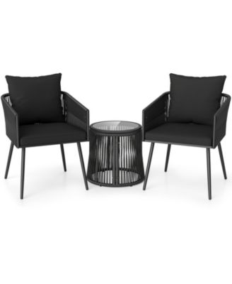 3 Piece Outdoor Patio Bistro Furniture Set with Cushions and Glass Side Table