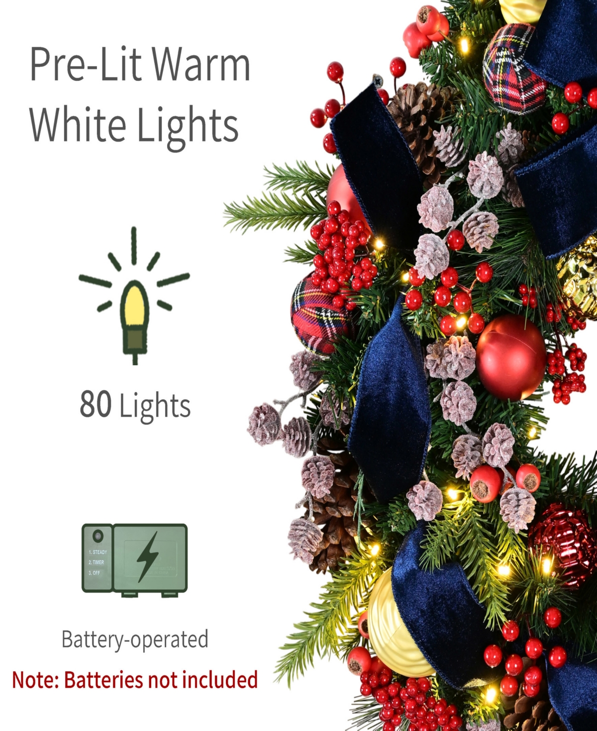 Puleo International 26" Pre-Lit Artificial Christmas Wreath