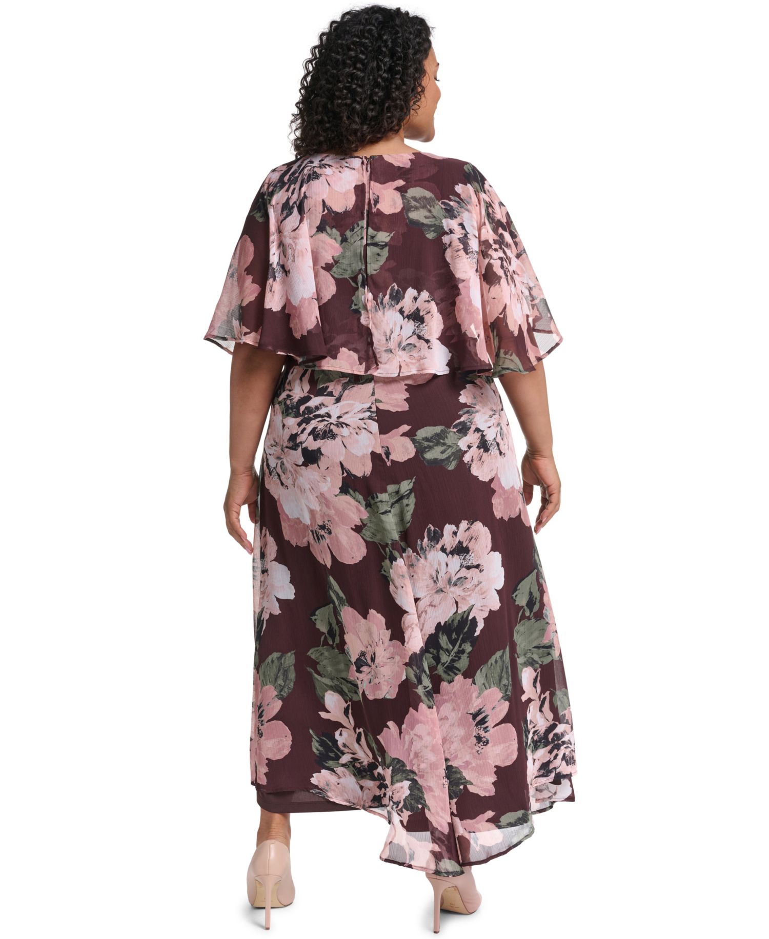 Plus Flutter-Sleeve Floral Chiffon Fit & Flare Dress