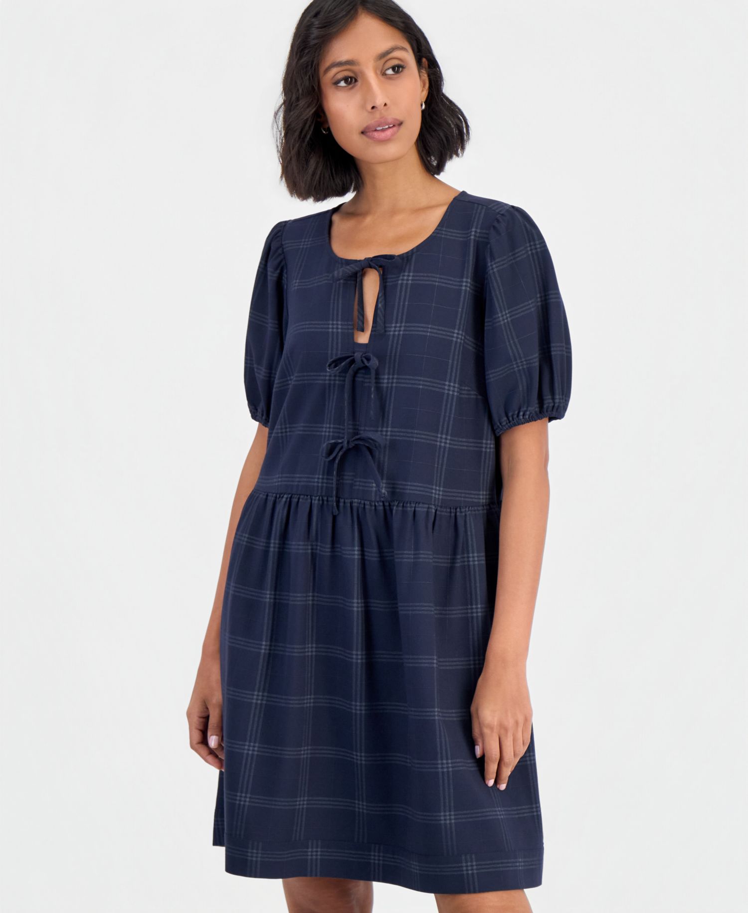 Women's Bow Front Plaid Puff-Sleeve Mini Dress
