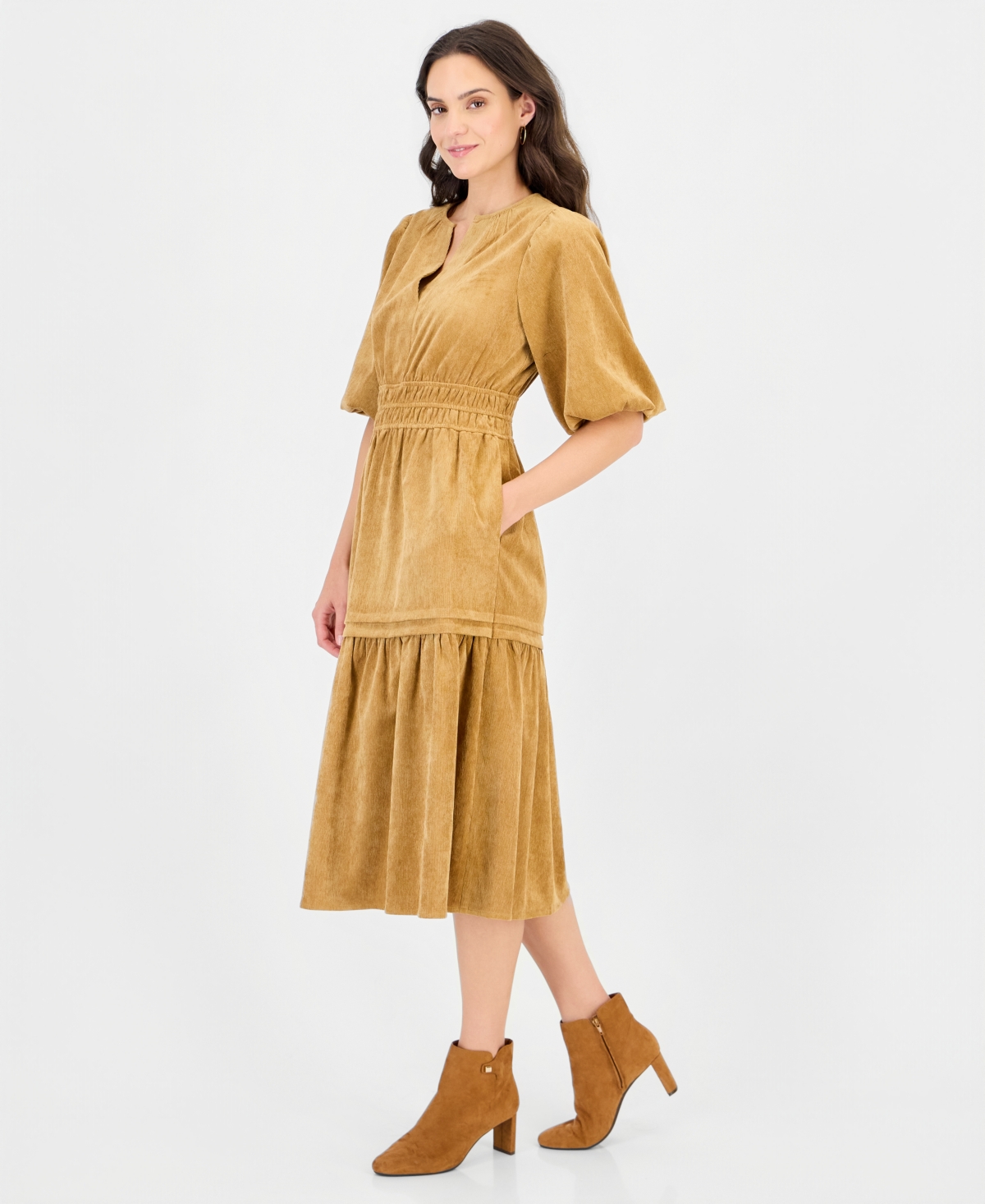Robbie Bee Women's Corduroy Smocked-Waist Tiered Dress