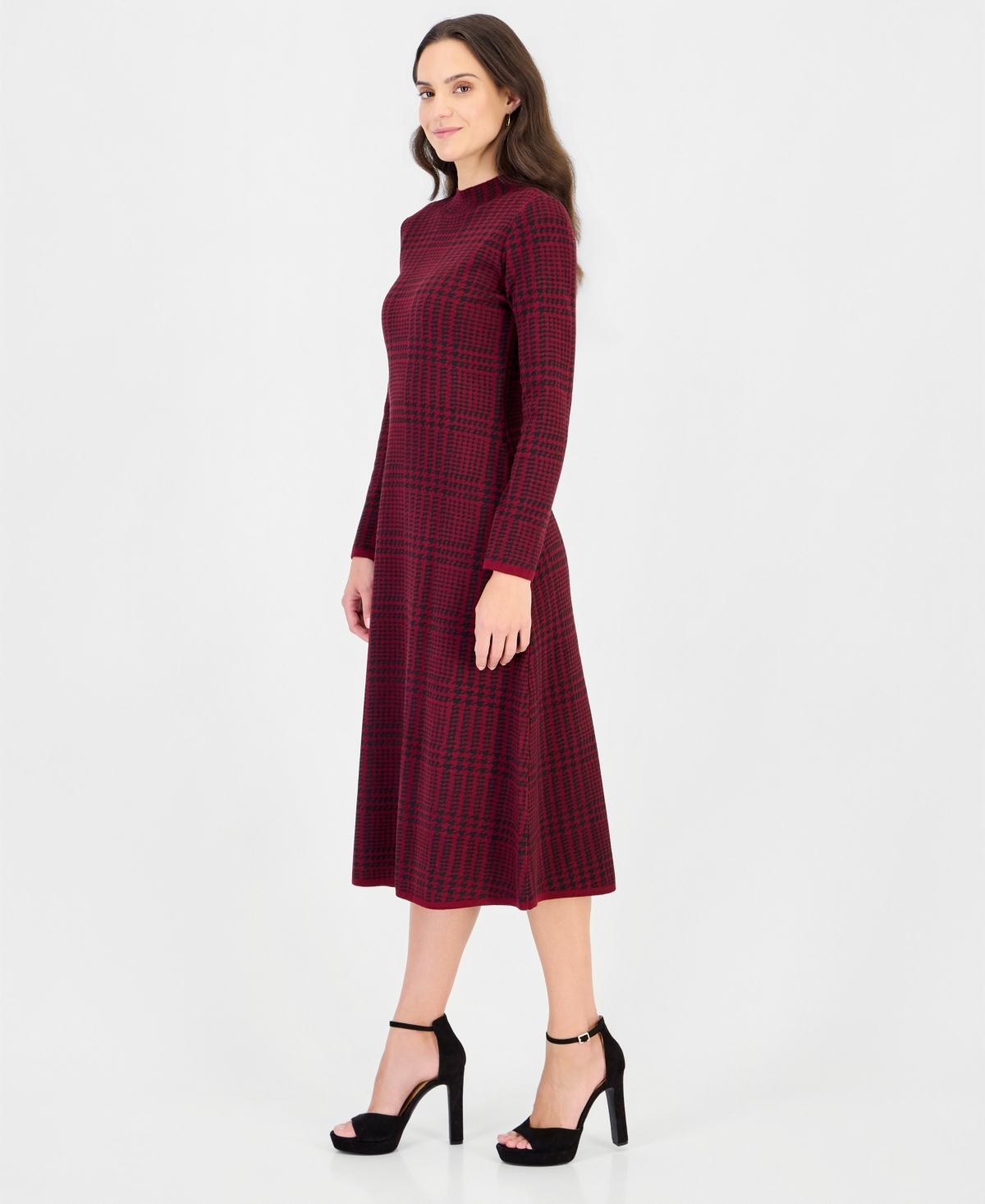 Robbie Bee Women's Mock Neck Long-Sleeve Plaid Sweater Dress