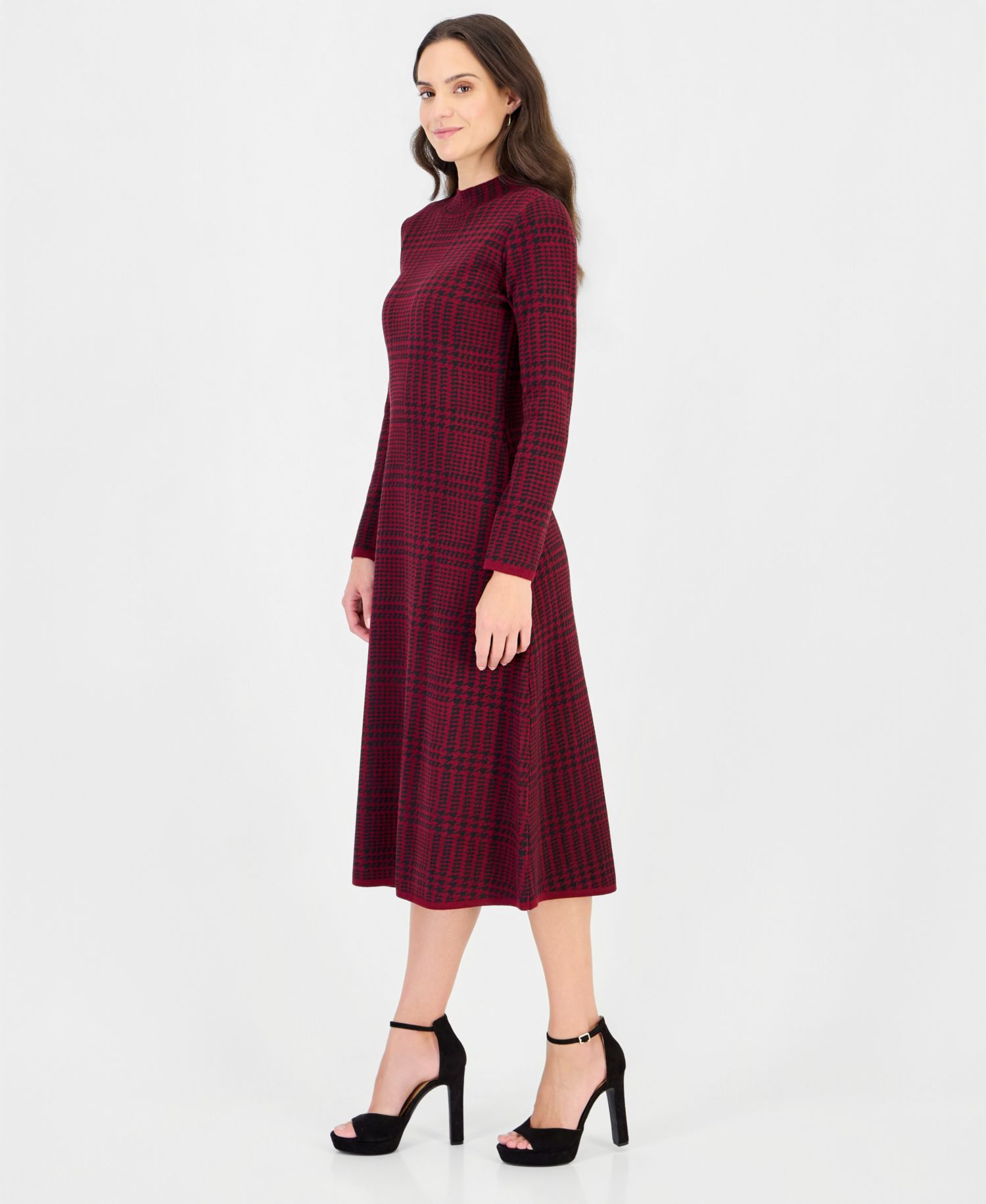 Women's Mock Neck Long-Sleeve Plaid Sweater Dress