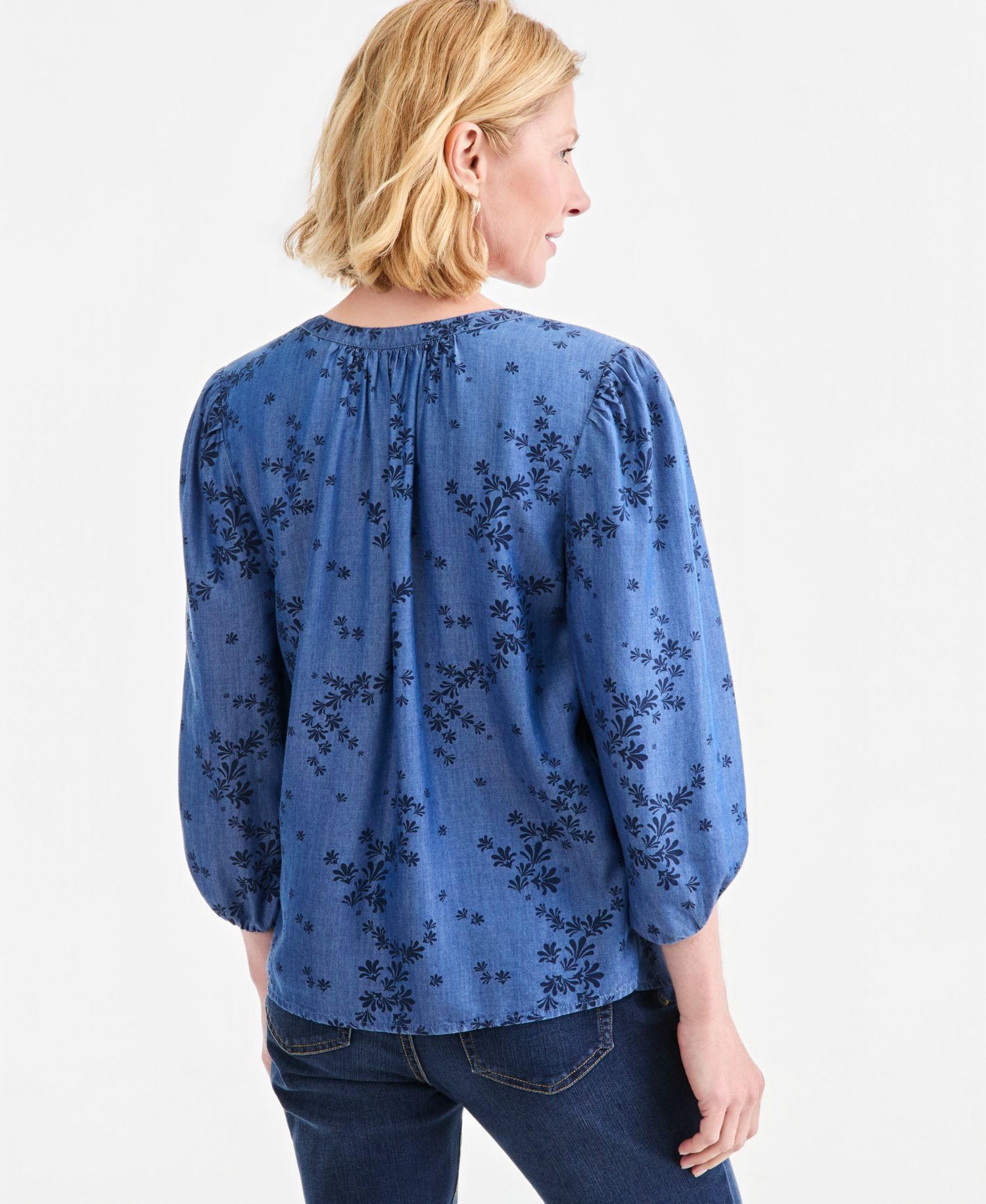 Women's Printed Chambray Split Neck Blouse