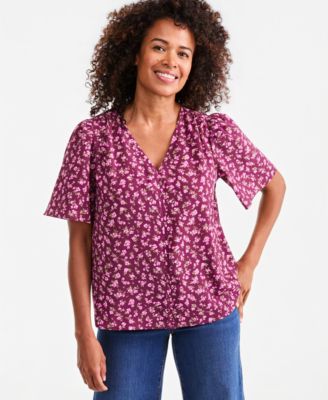 Women's Printed V-Neck Flutter Sleeve Blouse