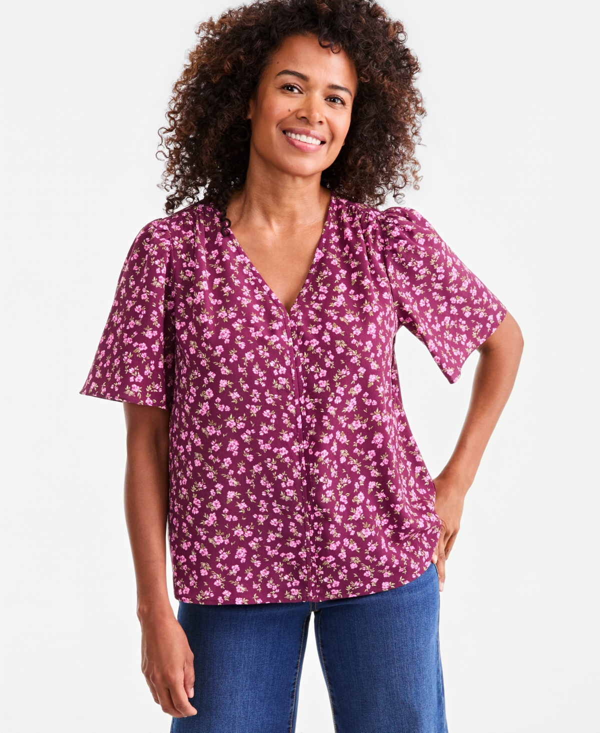Style & Co Women's Printed V-neck Flutter Sleeve Blouse, Macy's Exclusive In Black