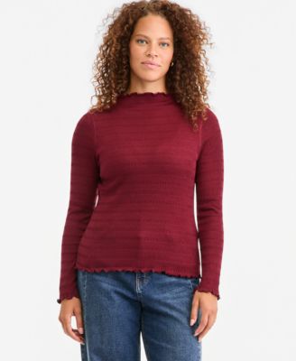 Women's Long-Sleeve Funnel Neck Puckered-Rib Top