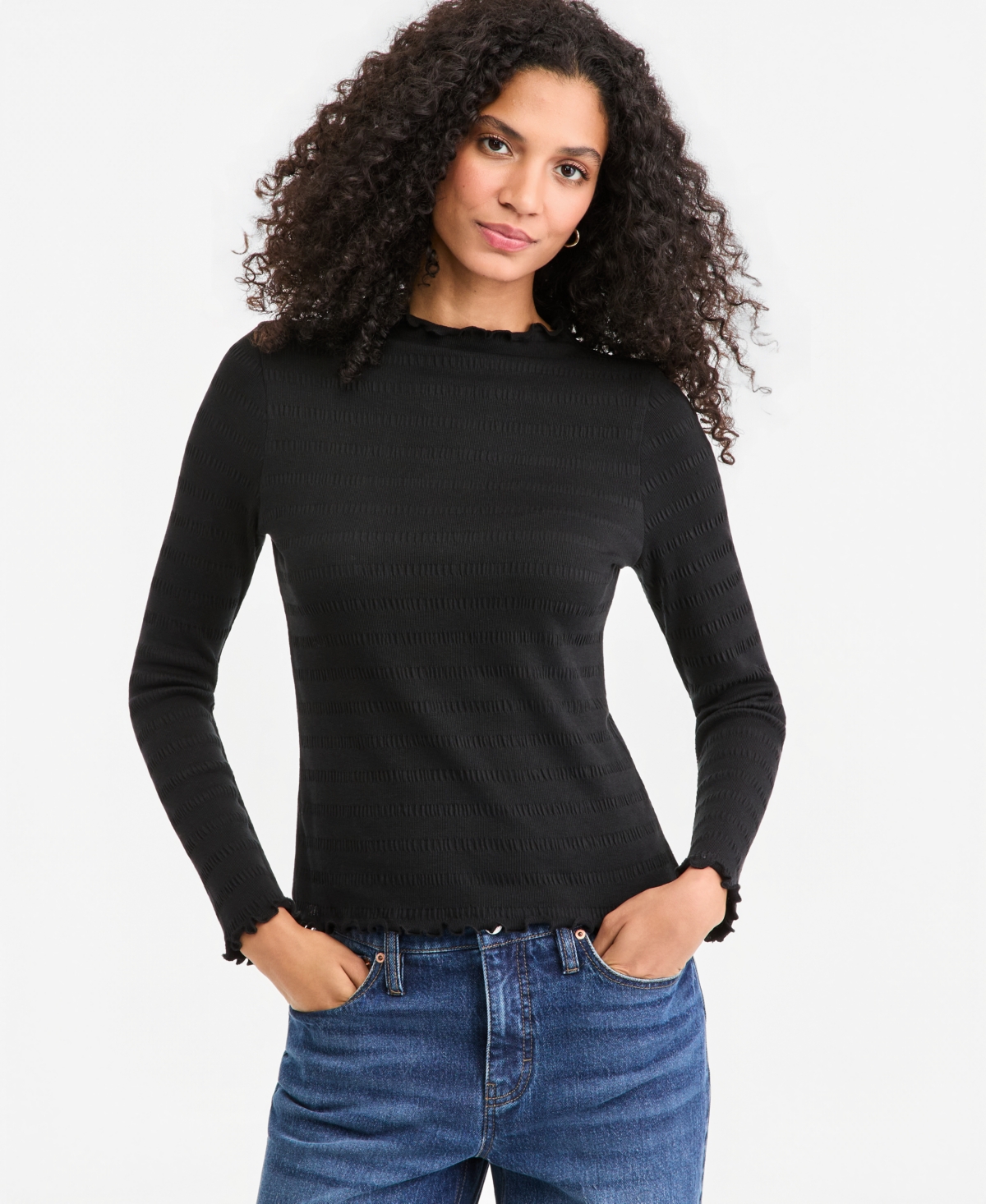 On 34th Women's Long-Sleeve Funnel Neck Puckered-Rib Top, Macy's Exclusive - Deep Black