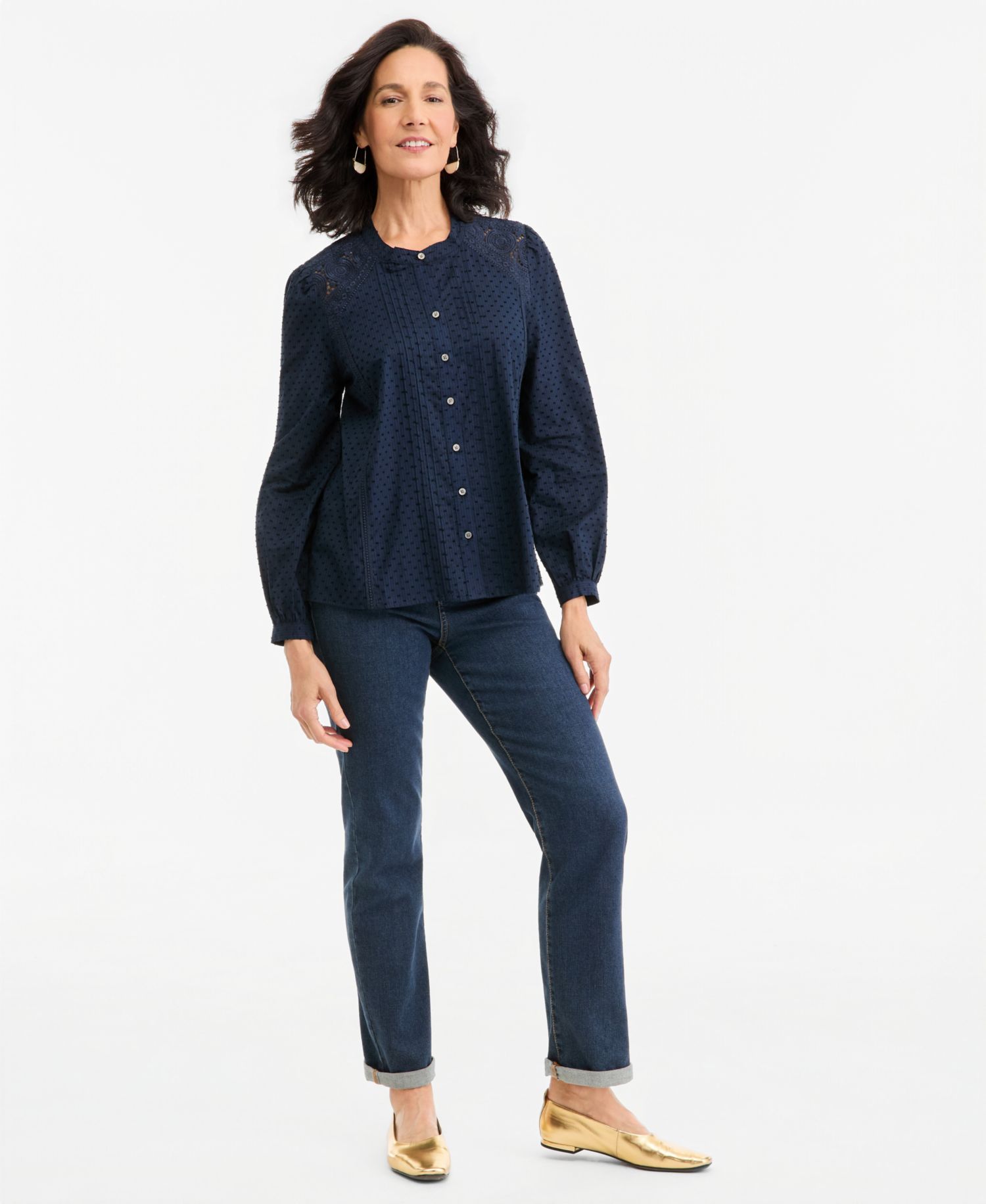 Women's Button-Front Lace Trim Top