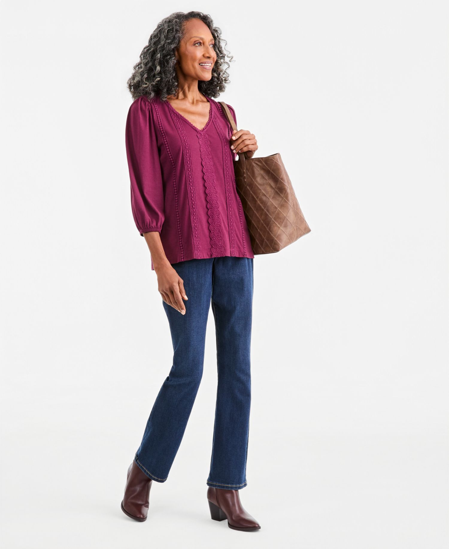 Women's 3/4-Sleeve V-Neck Embroidery Trim Top