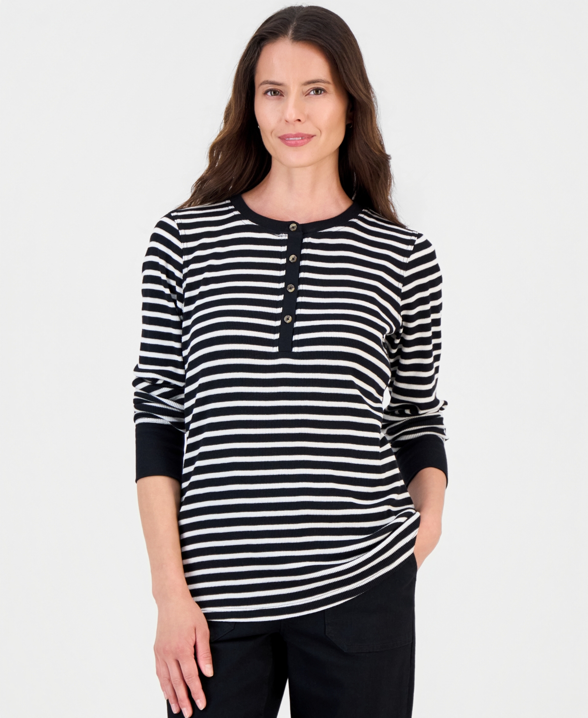 Style & Co Women's Stripe Long-Sleeve Waffle Henley Top, Macy's Exclusive