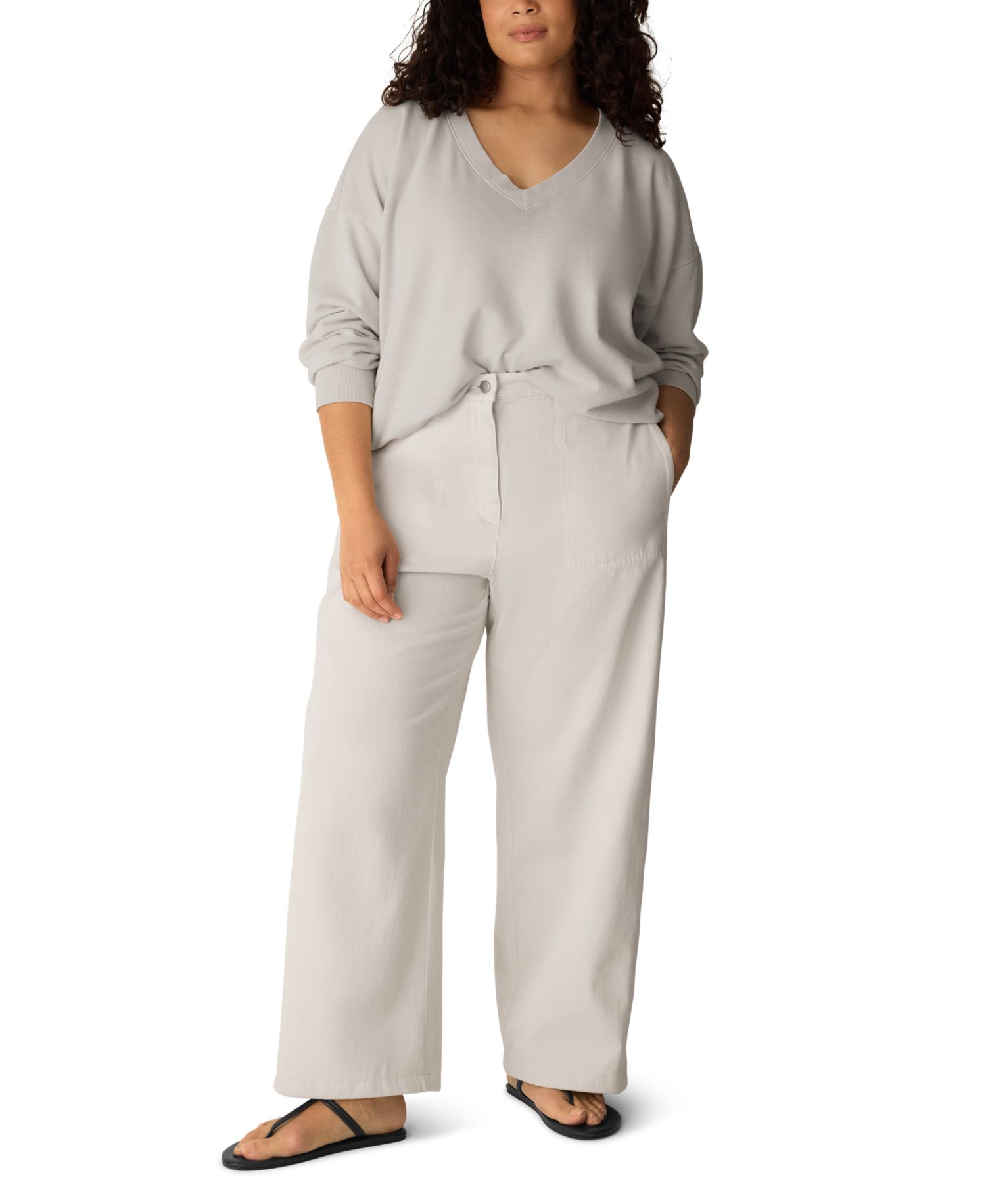 Women's Oversized Long-Sleeve Cotton Garment-Dyed V-Neck Top