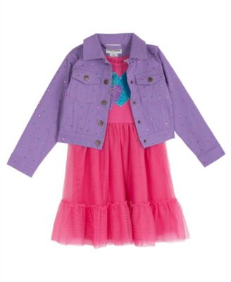 Girls' 2T-6X Sequin Heart Short-Sleeve Dress and Denim Jacket, 2-Piece Set