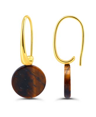 14K Gold Plated Genuine Stone Round Disc Hardwire Fishhook Drop Earrings