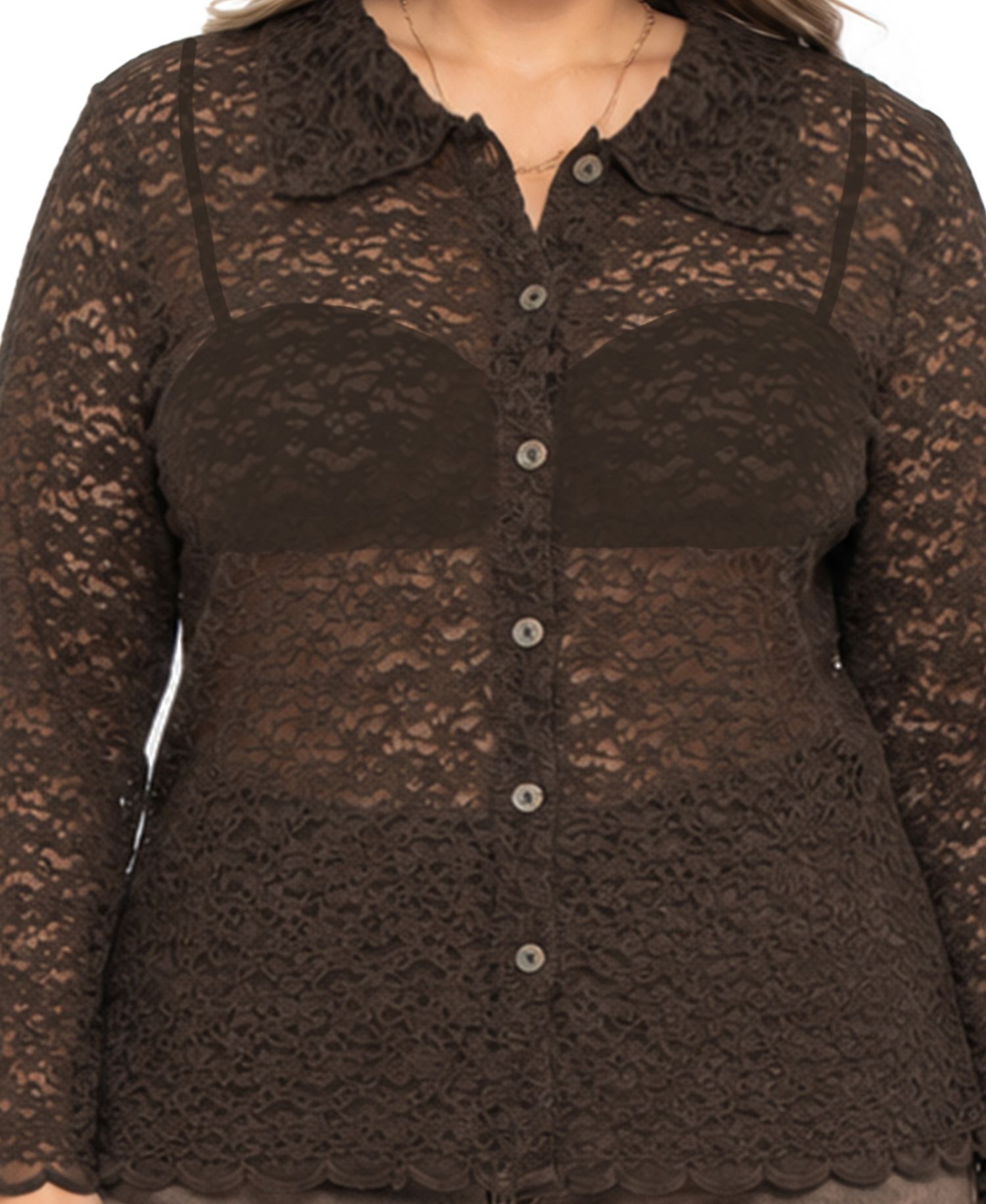 Plus Size Long-Sleeve Lace Floral-Edge Shirt
