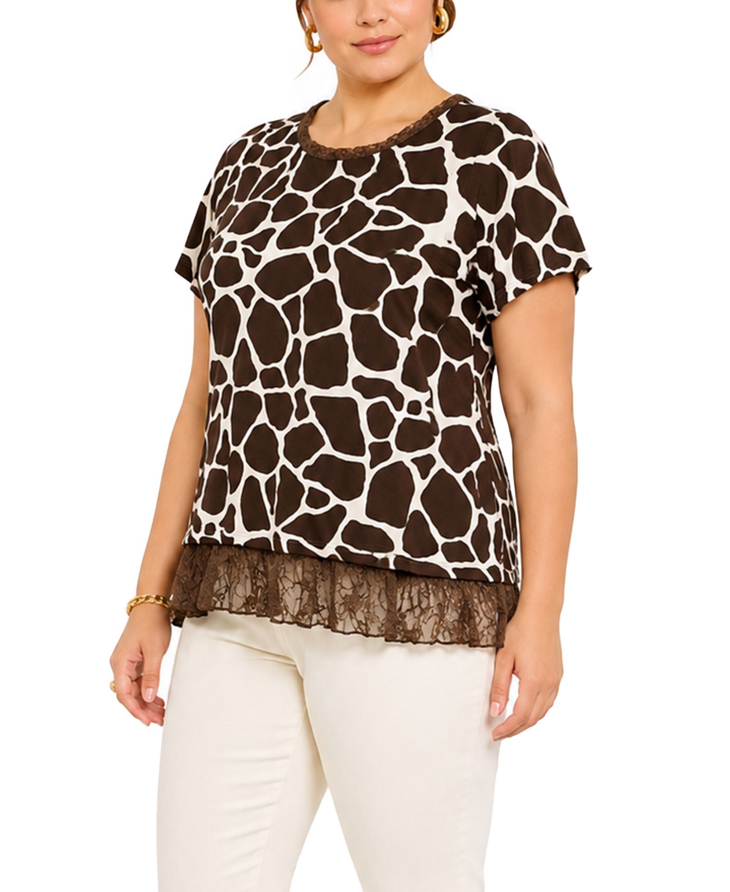Plus Size Giraffe Print Lace Pleat Back Top