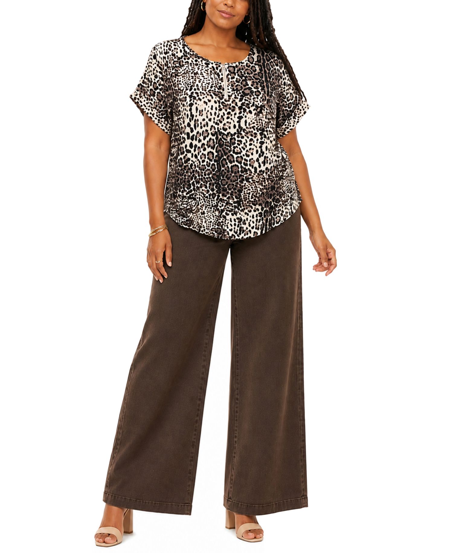 Plus Size Leopard Print Dolman Rolled-Sleeve Top