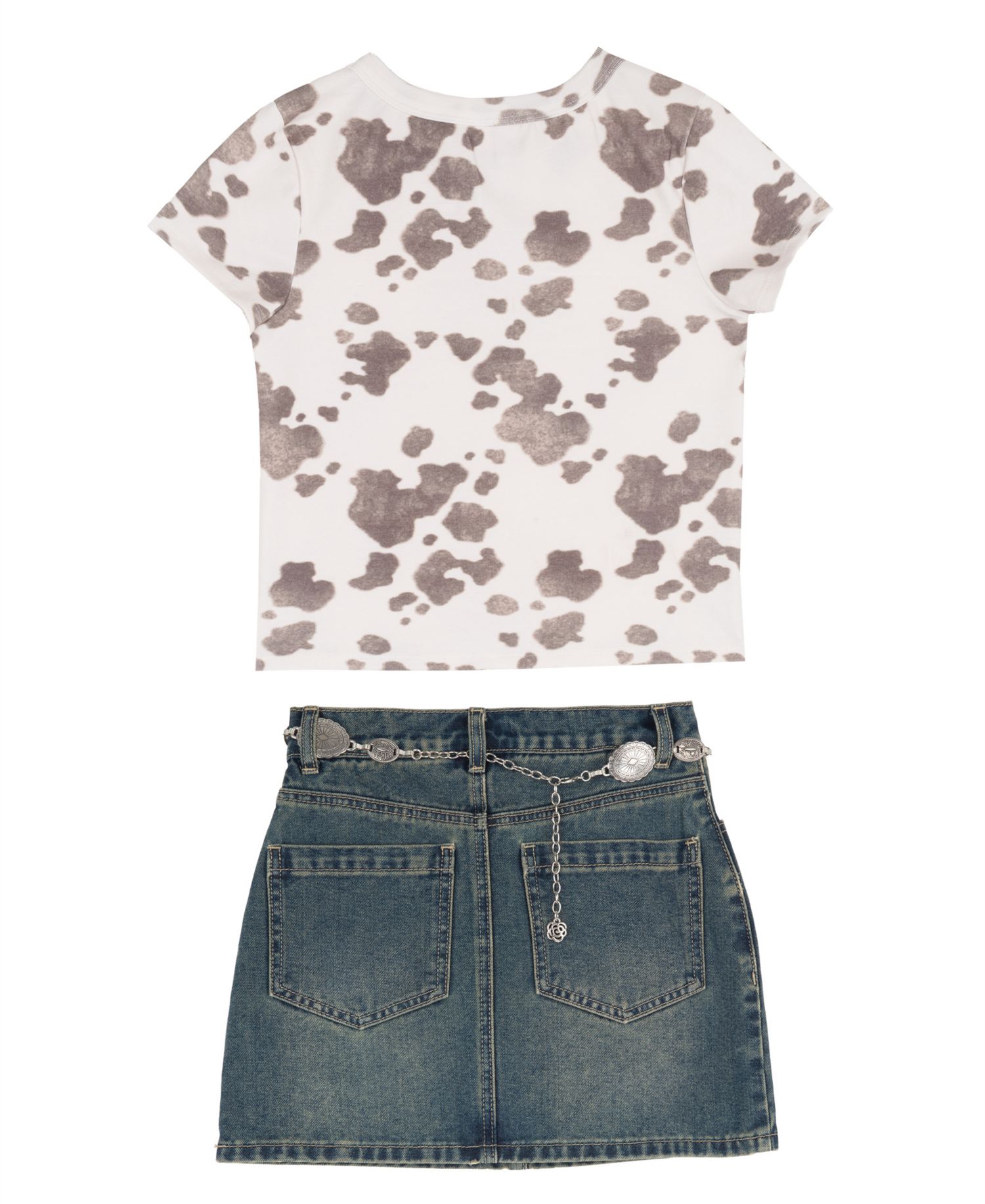 Girls' 7-12 Cow Printed Graphic T-Shirt and Denim Skirt, 2-Piece Set
