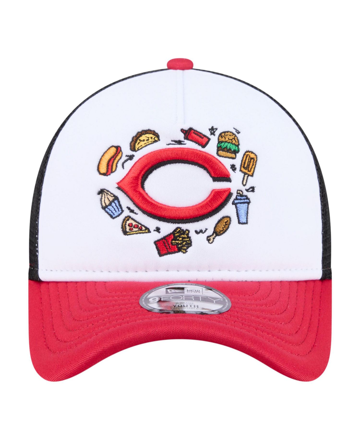 Big Boys and Girls White/Red Cincinnati Reds Food A-Frame 9FORTY Trucker Adjustable Hat