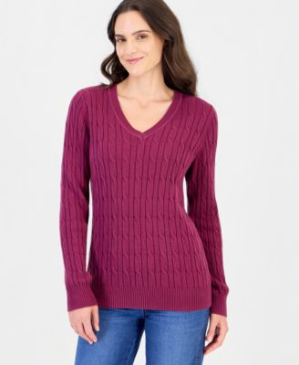 Women's Cotton Cable-Knit V-Neck Sweater