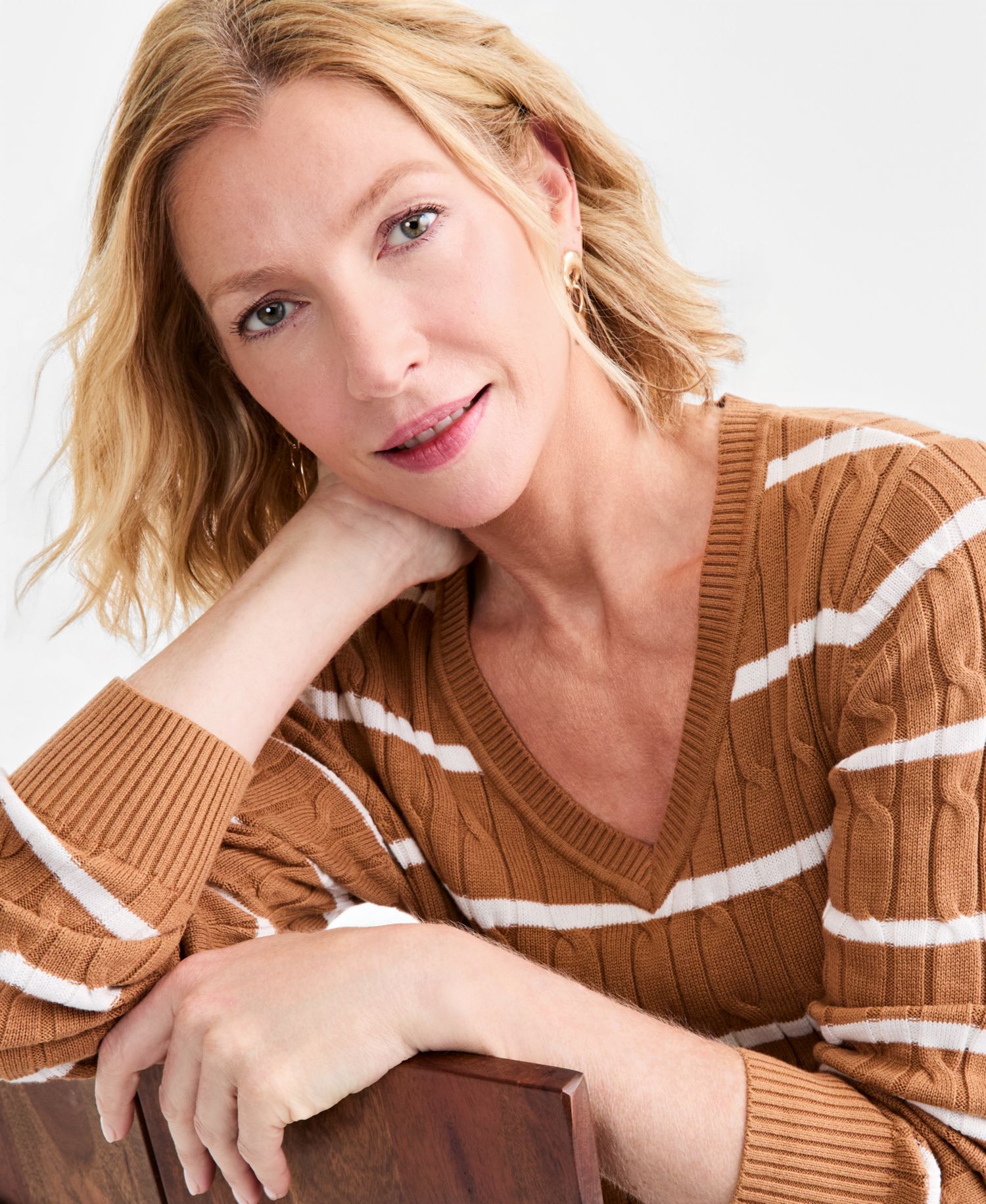 Petite Cotton Cable-Knit V-Neck Sweater