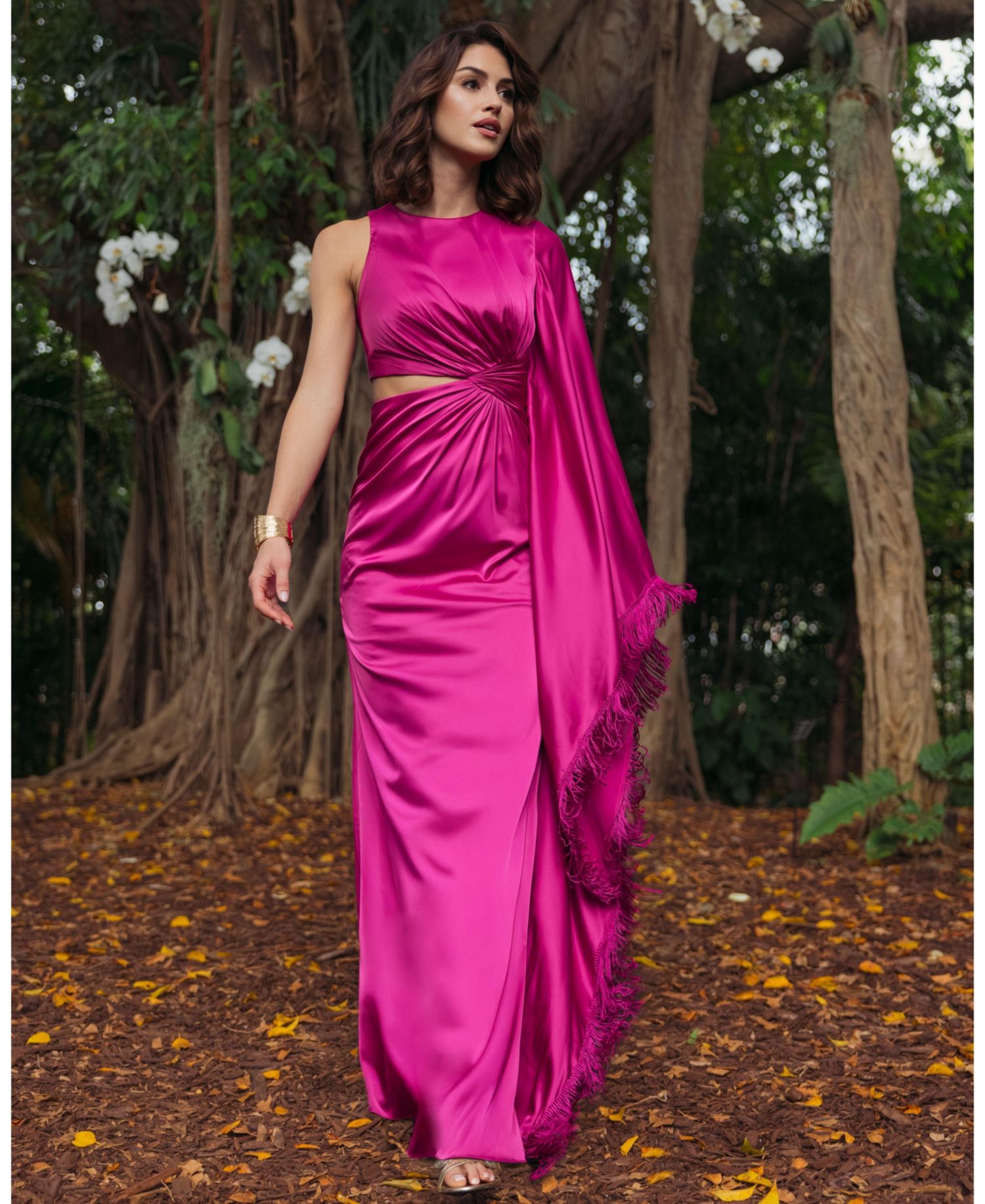 Women's Charmeuse Kaftan Sleeve Assymetrical Fringe Gown