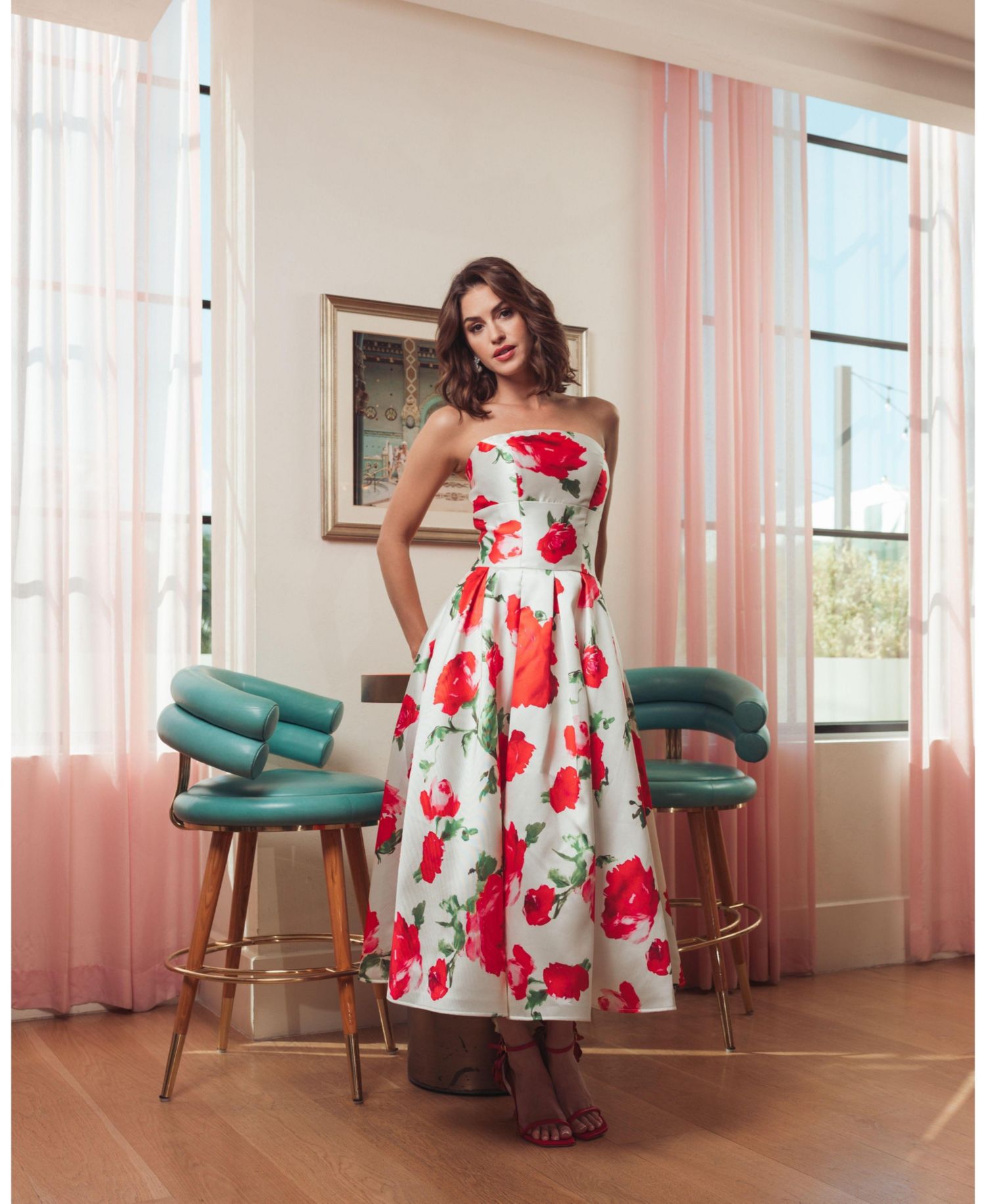 Women's Strapless Floral Print A-Line Midi Dress