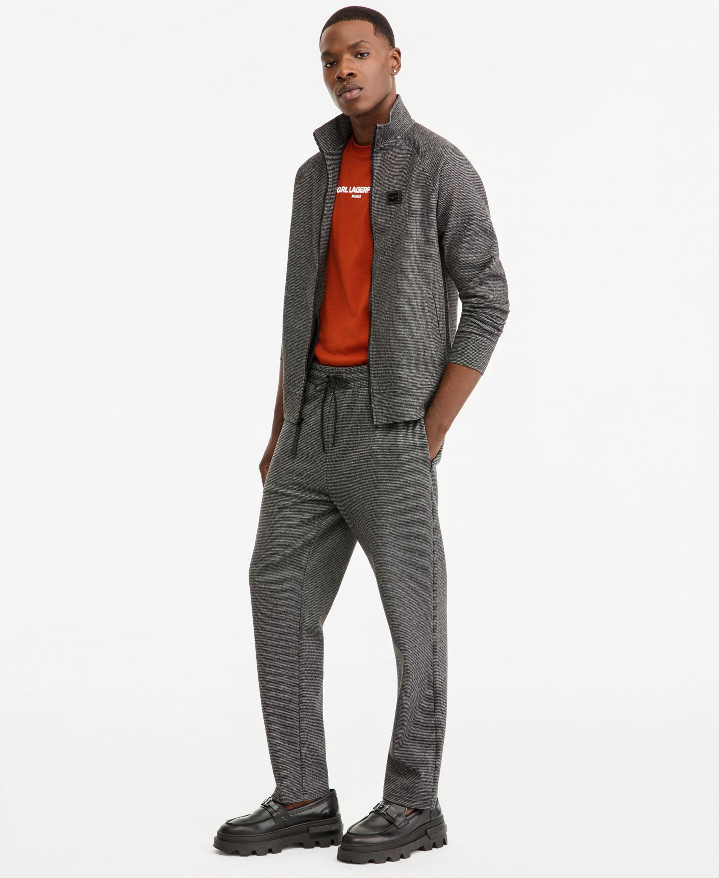 Мужская куртка KARL LAGERFELD PARIS Heathered Full-Zip Stand Collar Track, цвет: Серый / Чёрный — фото 2