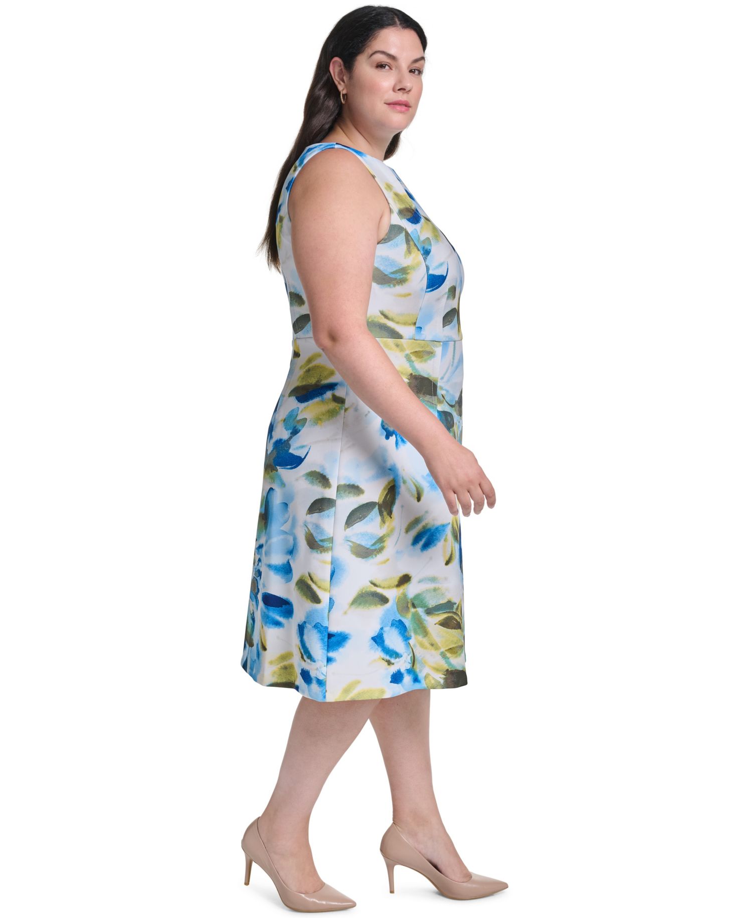 Plus Size Floral-Print Boat Neck Sheath Dress