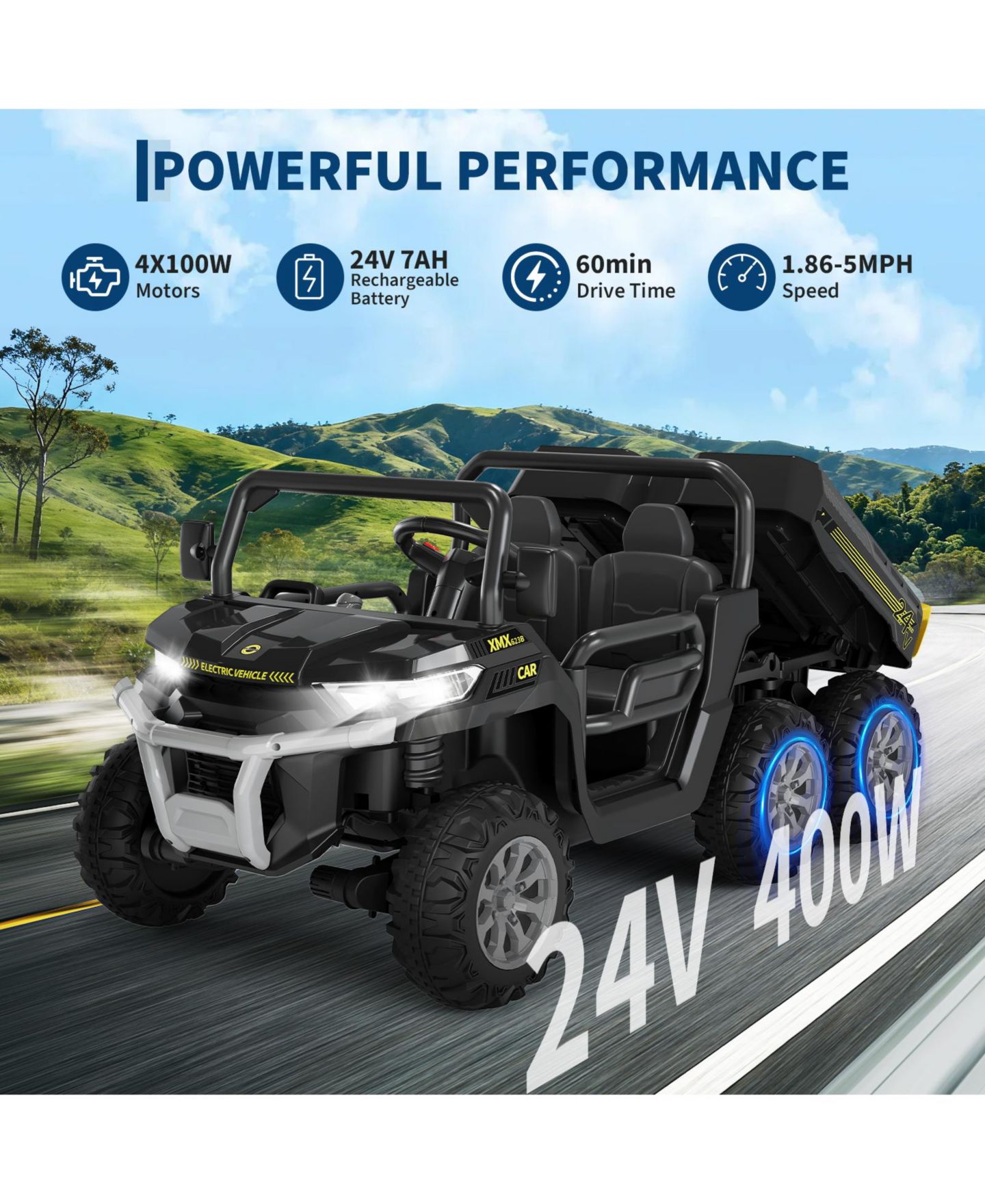 Детские игрушки homfan 24V 2 Seater 4WD 6 Wheel Electric Ride On Dump Truck – UTV Car with Remote Control, Electric Dump Bed, LED Lights, MP3, Safety Belt, цвет: Чёрный — фото 3