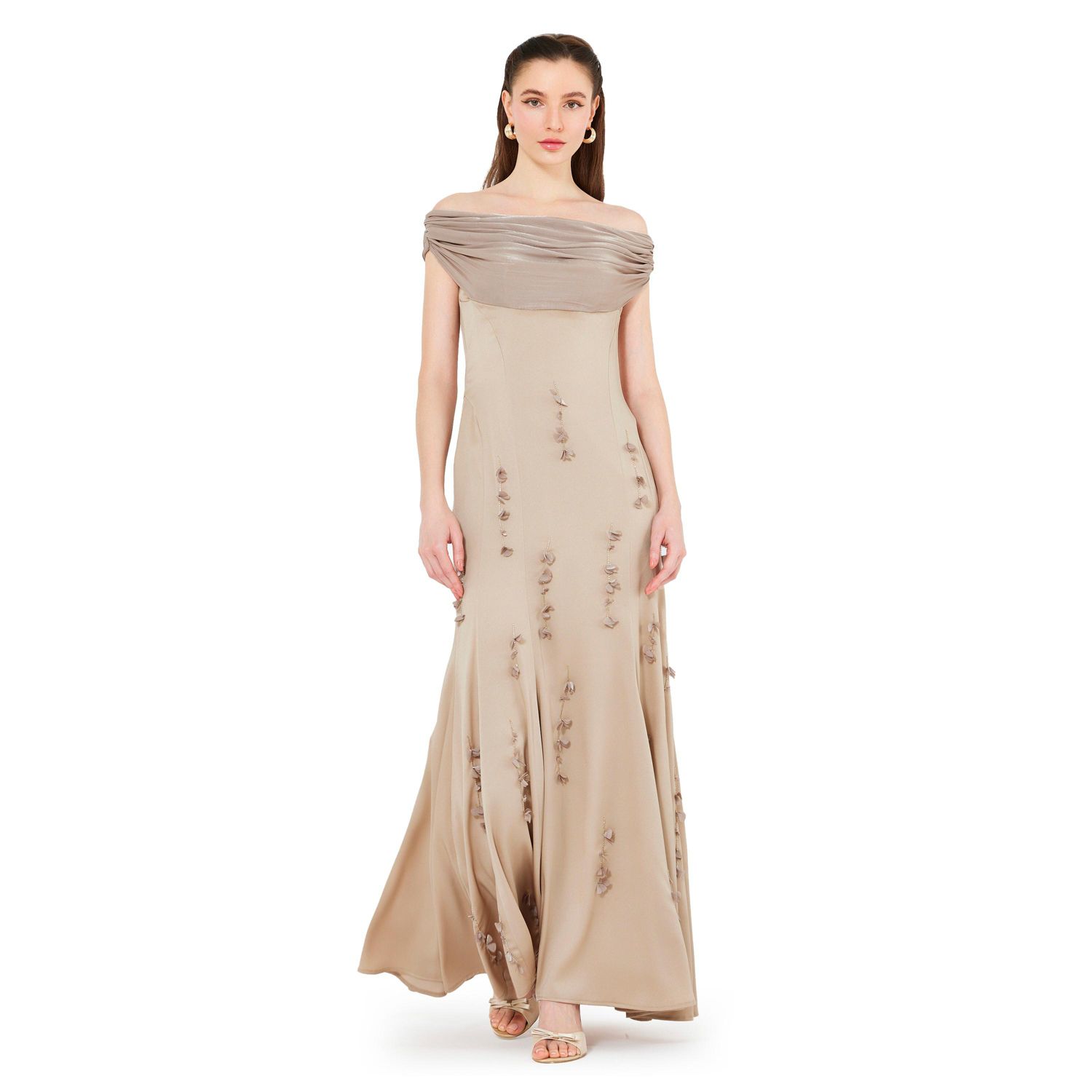 Women's Off-The-Shoulder Cowl Neckline Dress With Floral Embellishment