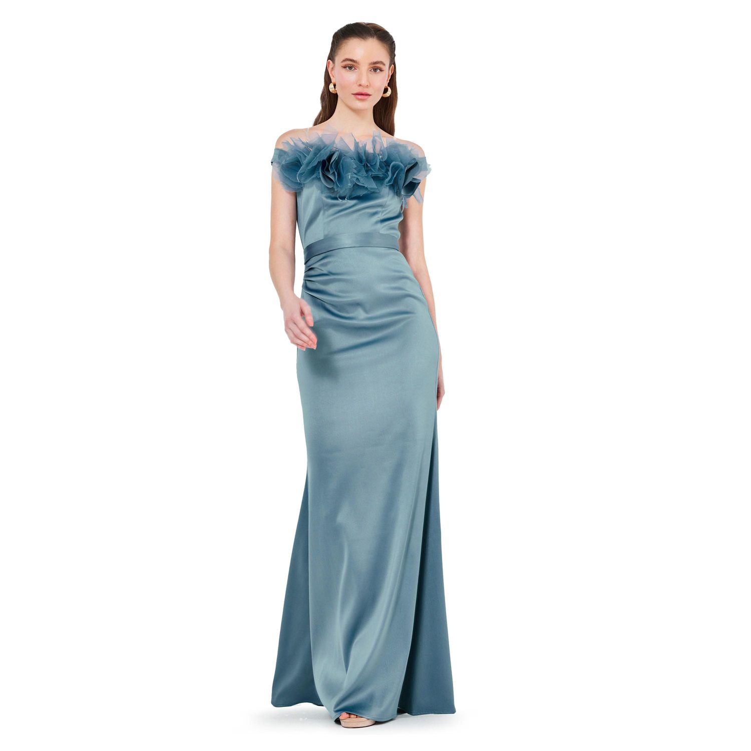 Women's Organza Floral Detail Pleated Satin Gown