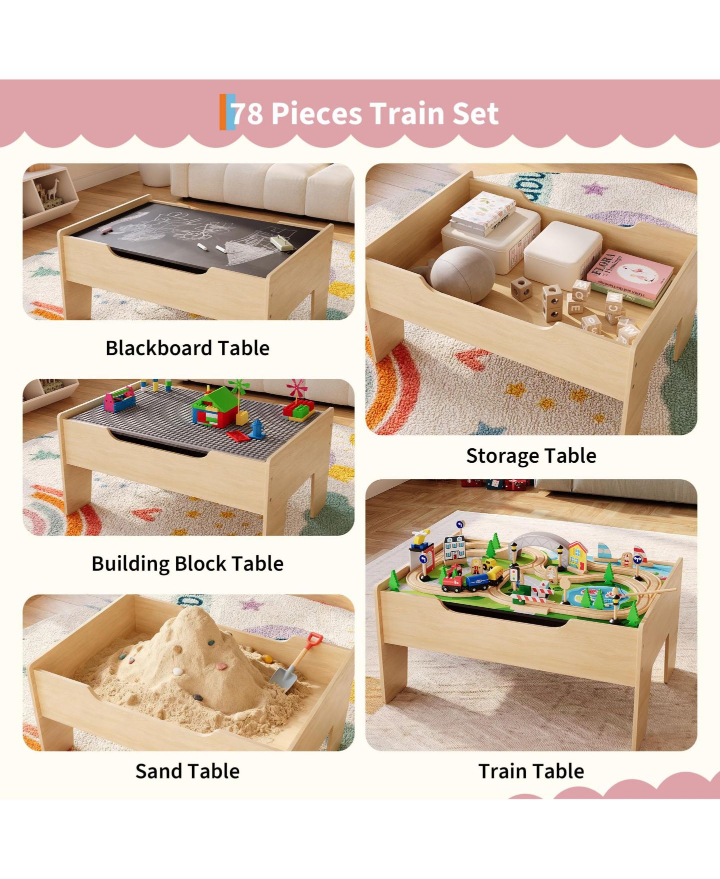 Детские игрушки homfan 84-Piece Wooden Train Table with Storage — фото 3